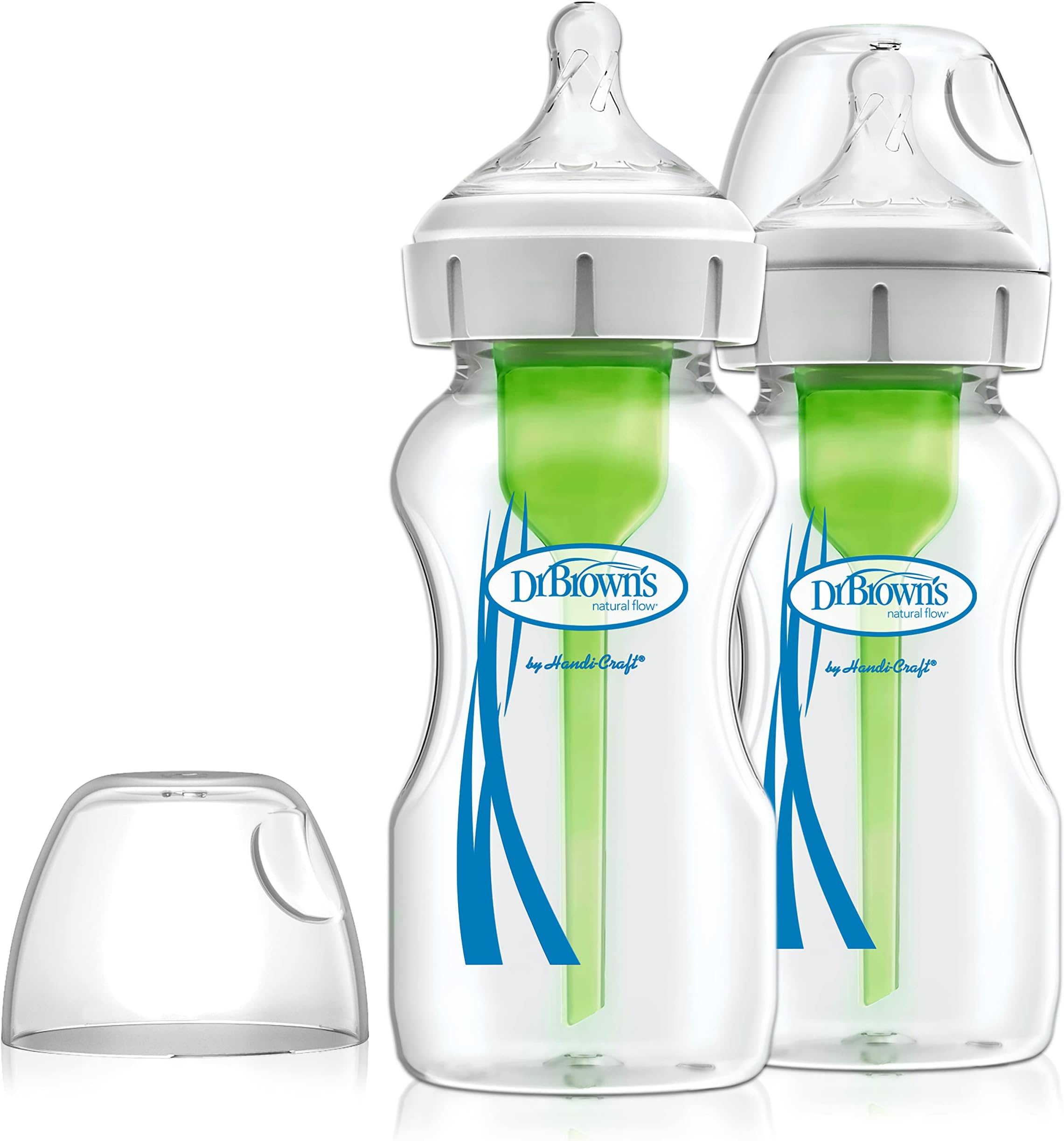 Anti-Colic Options+ Wide-Neck Glass Baby Bottle, 9oz/270 ml, with Level 1 slow flow Teat, Pack of 2 Transparent (Packing May Vary)