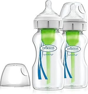 Dr. Brown's Natural Flow Anti-Colic Options+ Weithals-Babyflasche aus Glas, 9 oz/270 ml, mit langsamem Sauger der Stufe 1, 2er-Pack (Verpackung kann variieren)