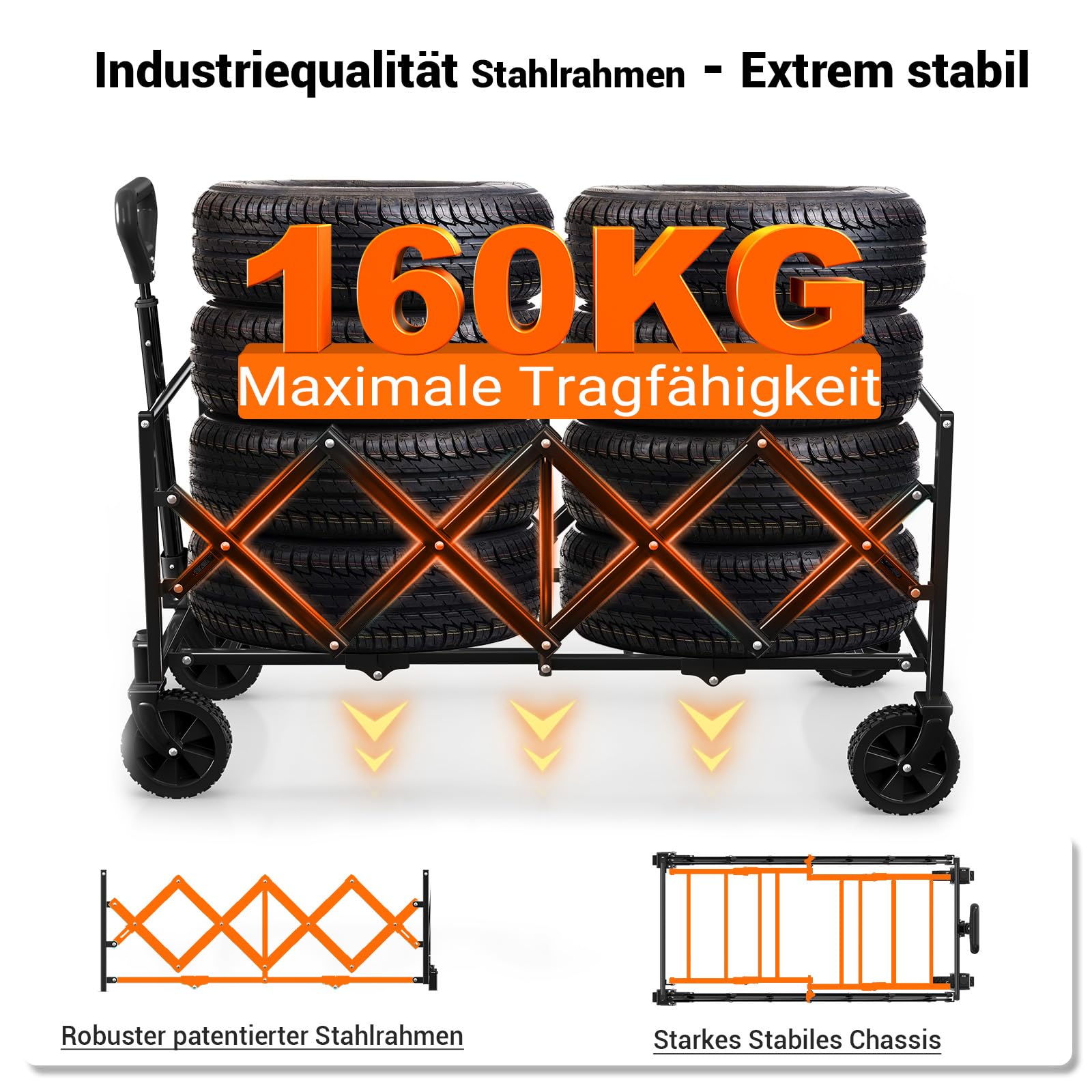 BTTN 120L Klappbarer Bollerwagen, 160kg (350LBS) Traglast Handwagen Faltbar mit Leisen Rädern, Bollerwagen für Garten, Camping, Einkaufen & Picknick, Faltbar Transportwagen mit Stabil Rädern, Schwarz