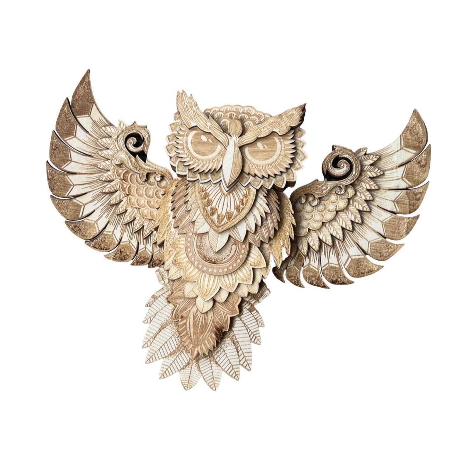 TWISAXC Rustic Owl Statue Wood Owl Wall Decor Unique Animal Sculpture Charming Hanging Decoration Bedroom Living Room Wood Wall Decor Statue Animal Sculpture, Brown, 30x23x3.5cm