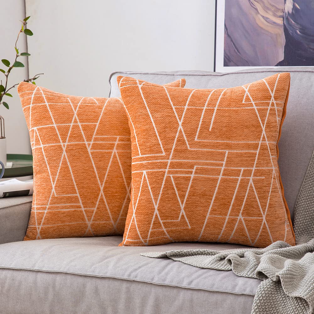 MIULEE Fall Pack of 2 Decorative Throw Pillow Covers Geometric Pattern Chenille Cozy Modern Concise Soft Orange Square Cushion Covers Set for Bedroom Sofa Car 18x18 Inch