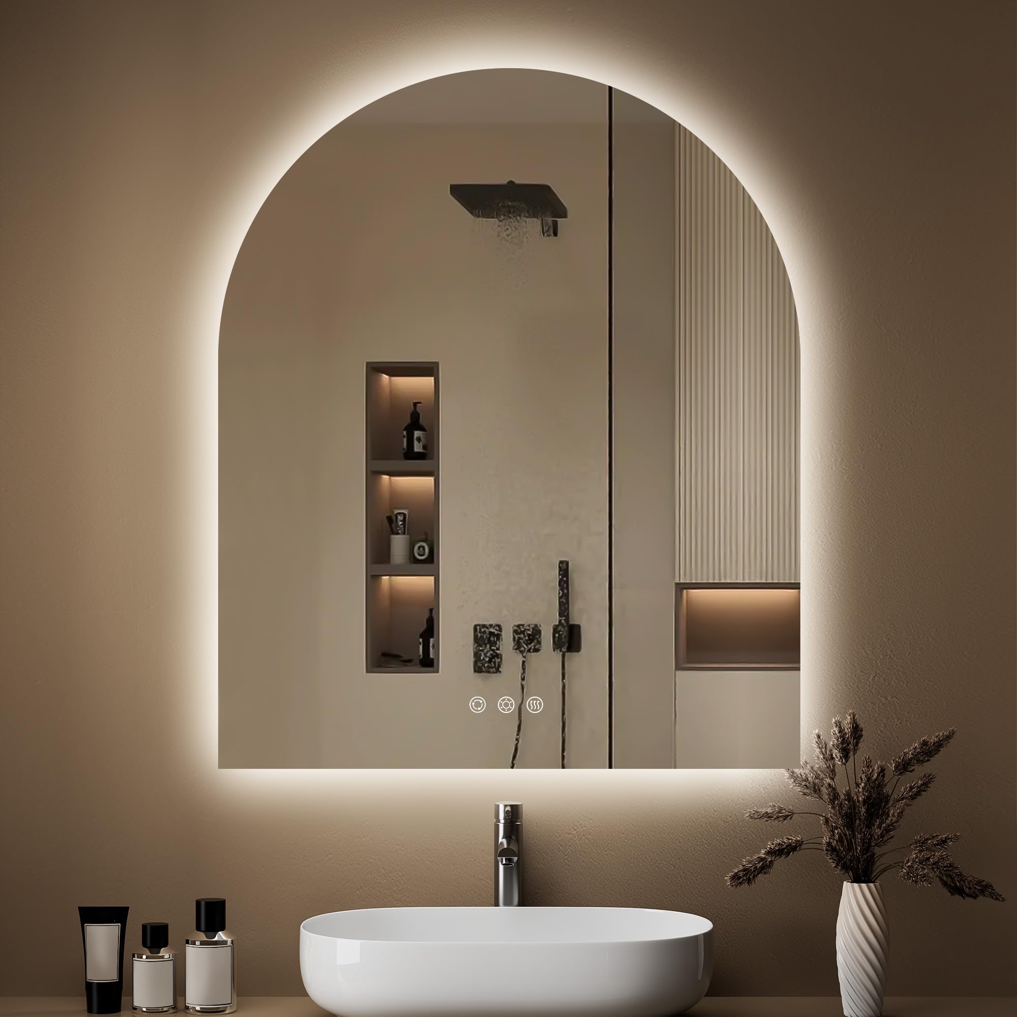 Arched Backlit Mirror Bathroom 30"x36"- Frameless LED Bathroom Mirror with Lights, Fogless, Dimmable, 3 Color Changing, Shatterproof, Touch Sensor