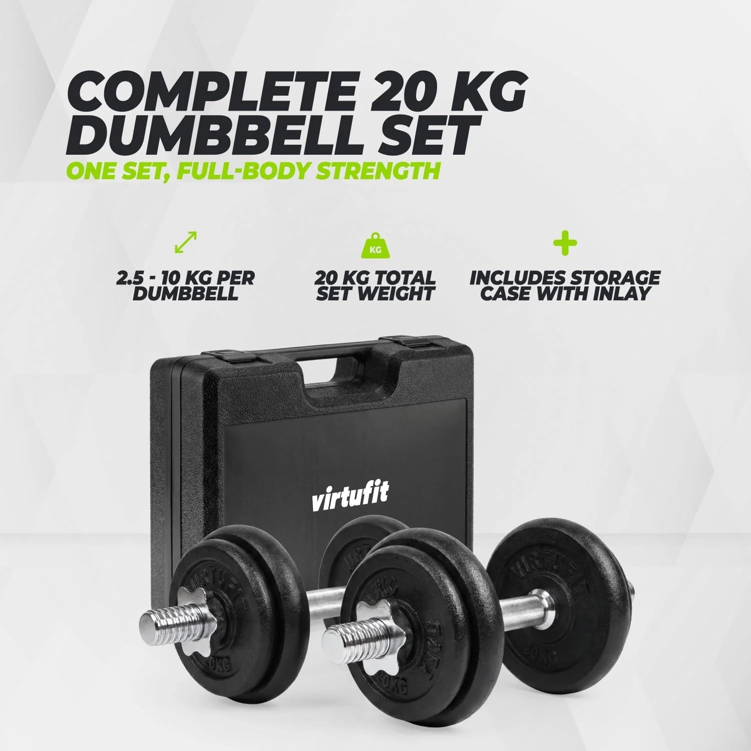 VirtuFit Zestaw hantli regulowanych Pro 20 kg – 2 x 10 kg hantle krótkie | 2,5 do 10 kg, waga całkowita 20 kg, w zestawie walizka do przechowywania, 2 krótkie hantle, żeliwo