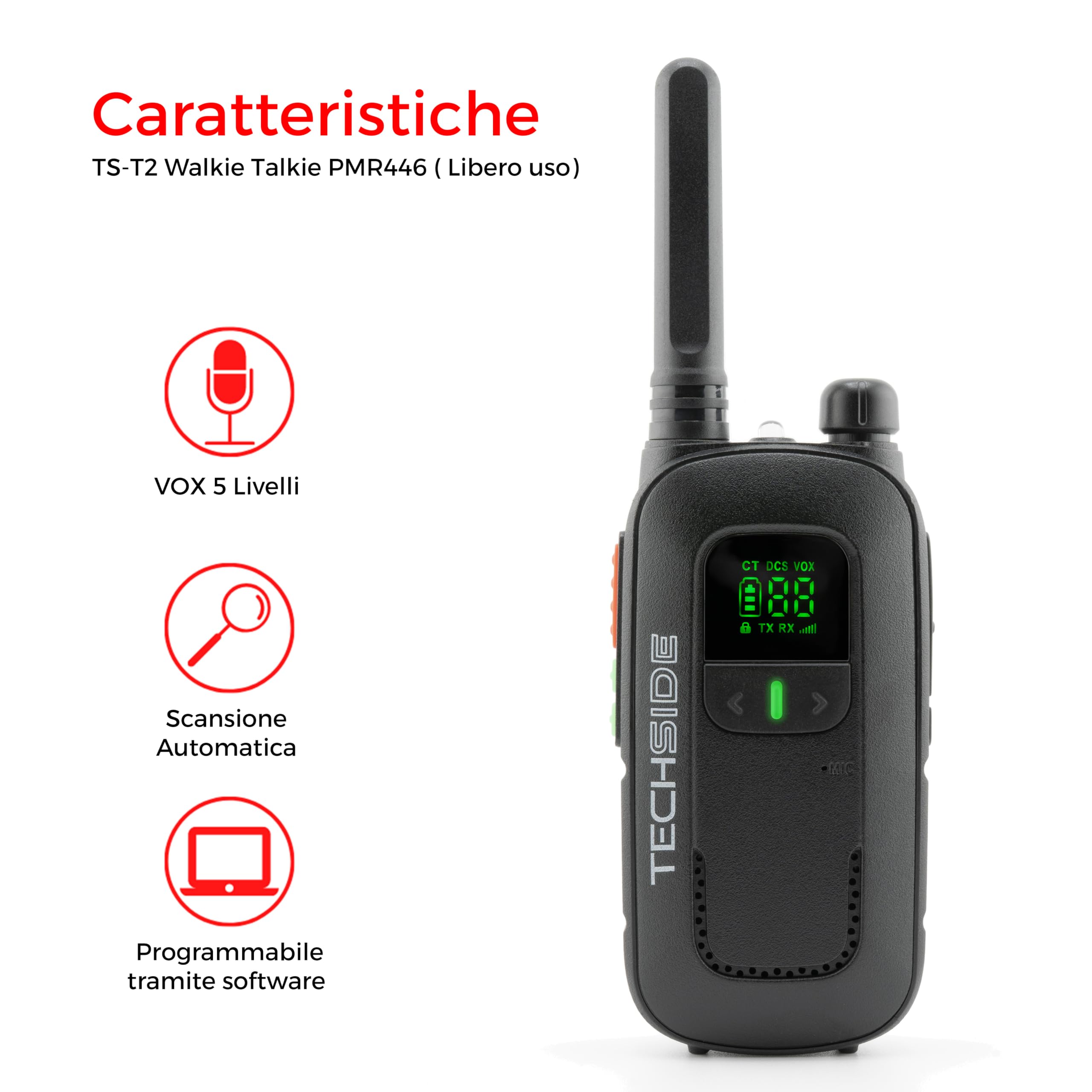 Techside TS-T2 Ricetrasmittente Professionale Walkie Talkie 16 Canali PMR446 (Libero uso) | Vox a 5 livelli | Scansione Automatica Canali | Set di 2 ricetrasmettitori full optional