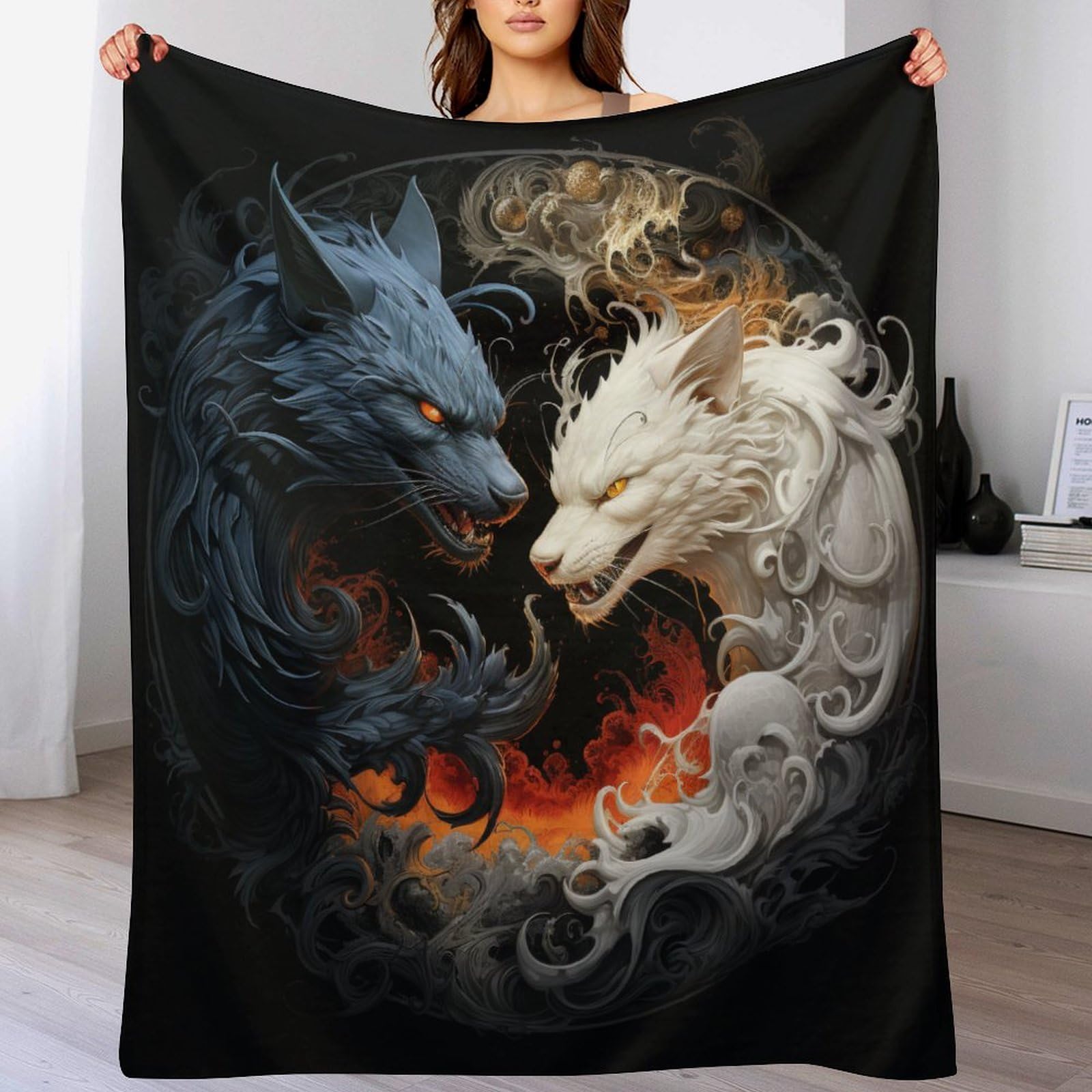 Couverture loup 140x180 cm en plaid flannel polaire grise pour canapé et lit