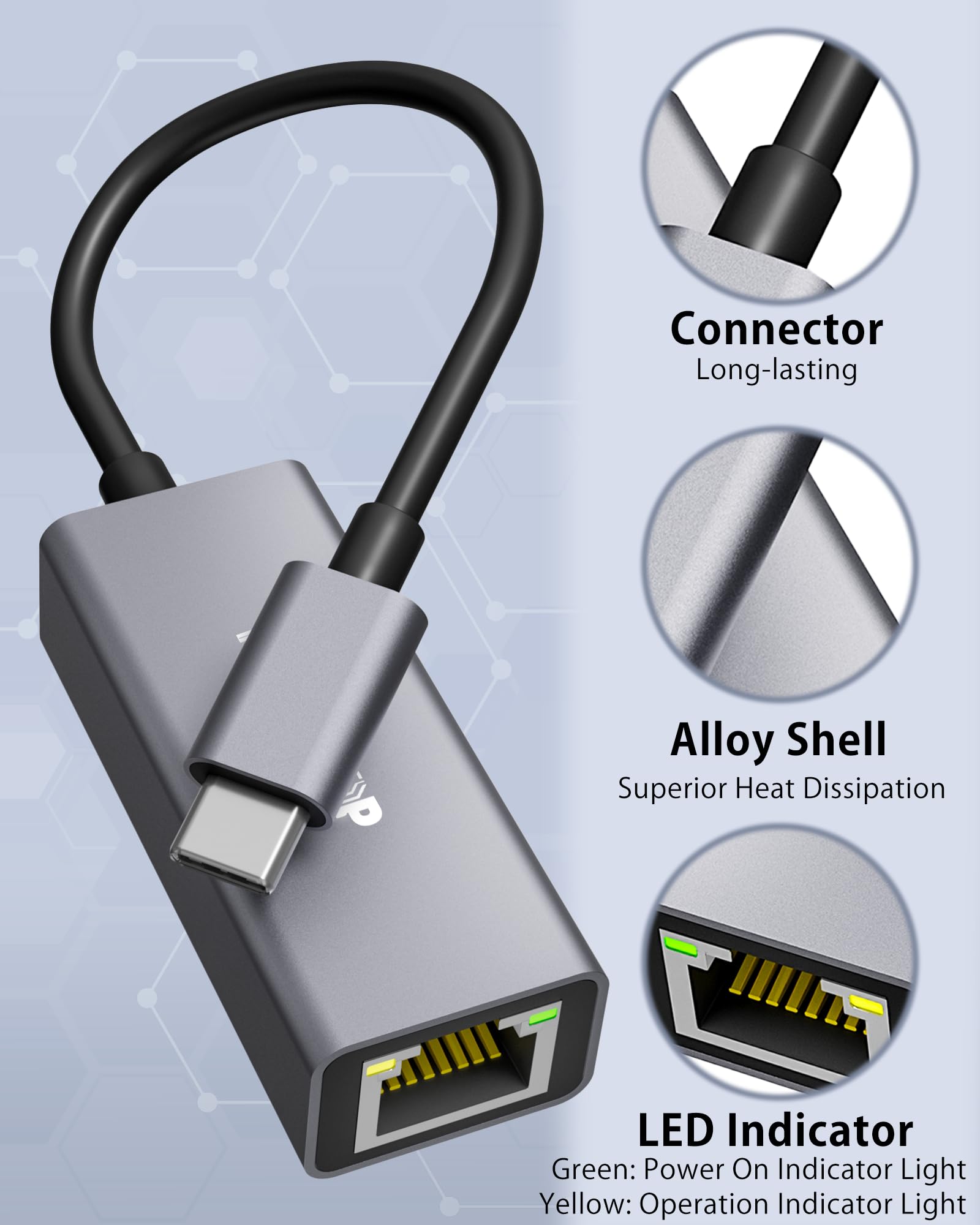 USBC to Ethernet Adapter, Gigabit Network Adapter, 1000Mbps LAN Ethernet to USB C Compatible with iPhone 15/16/17,MacBook Pro/Air,iPad Pro,Mac — view 7