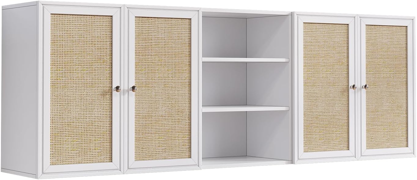 Furnaza Kitchen Wall Cabinets,Rattan Wall Mounted Laundry Cabinets with Adjustable Shelf, Floating Hanging Storage Cabinet for Laundry Room, Bathroom, Kitchen,63" W x 11.8" D x 21.6" H