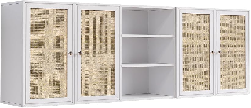 Furnaza 63"W Rattan laundry room cabinet wall mounted with Adjustable Shelf | 63"W x 11.8"D x 21.6"H Upper Kitchen Wall Cabinets Floating Storage Cabinet for Bathroom, Garage,White