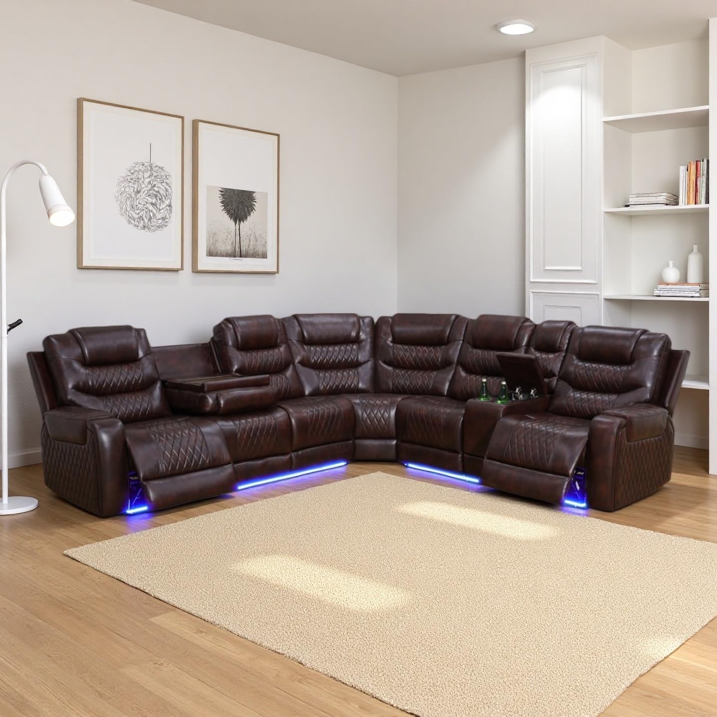 Power Recliner Sectional Sofa with LED Light, Power Reclining Corner Sectional Sofa Set, Air Leather Living Room Couch Set with USB Port&Cup Holder Storage Console for Home Theater/ Office (Brown)