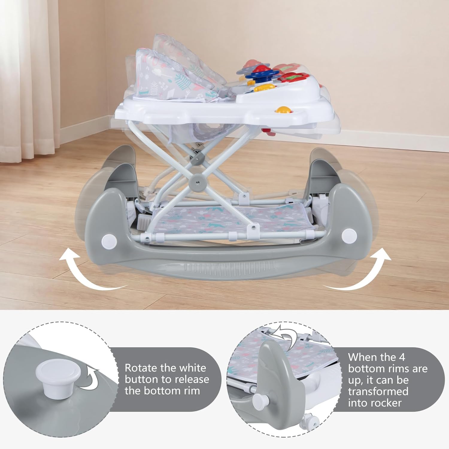 INFANS Baby Walker, 5 in 1 Behind Walker Learning Seated Rocker Bouncer with Removable Music Tray, Adjustable Height, Washable Seat Cushion, Foldable Activity Center for Toddlers (Light Gray)