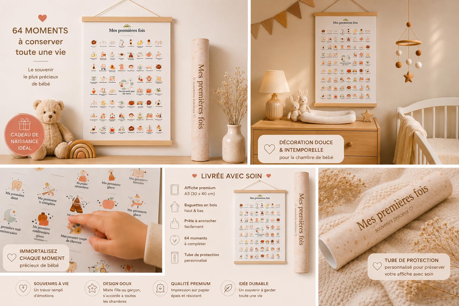 Générique Mes Premières Fois Bébé – Affiche Souvenir A3 avec Baguettes en Bois et Fil de Suspension – Décoration Chambre Bébé Garçon ou Fille – Cadeau Naissance Original