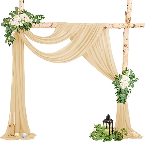4 paneles de tela drapeada para arco de boda, 28 x 20 pies, cortinas de arco de boda color champán, cortinas de gasa transparente, cortinas de telón