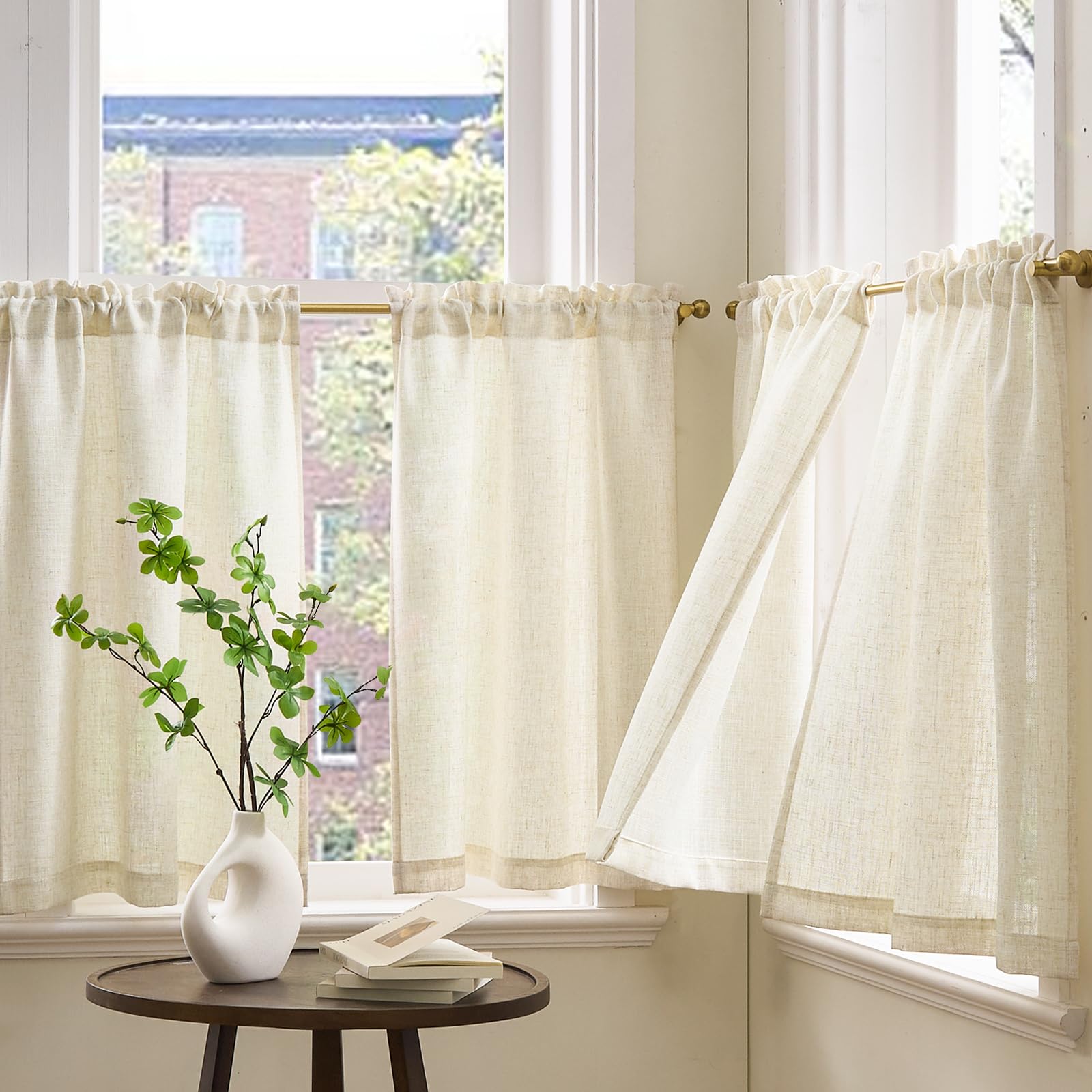 TOPICK Rideau Cuisine Petit Rideaux Court Moderne, 65 x 90(LxH) cm Lot de 2 à Passe Tringle Beige, Brise Bise pour Fenêtre Placard Chambre Porte sous Evier