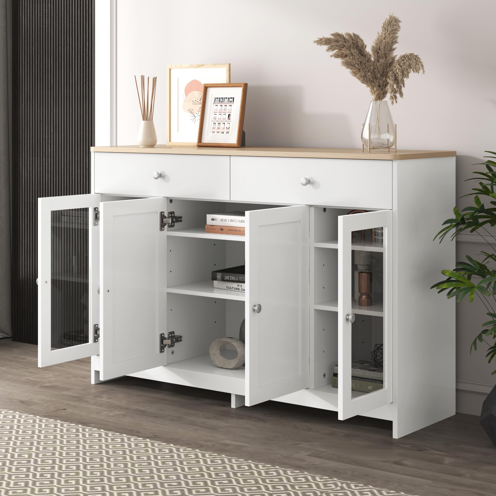 Gegtuon Schrank Sideboard, Kommode Buffetschrank mit 4 Türen & 2 Stauraum Schubladen, Küchenschrank Aufbewahrung mit Verstellbare Ablage für
