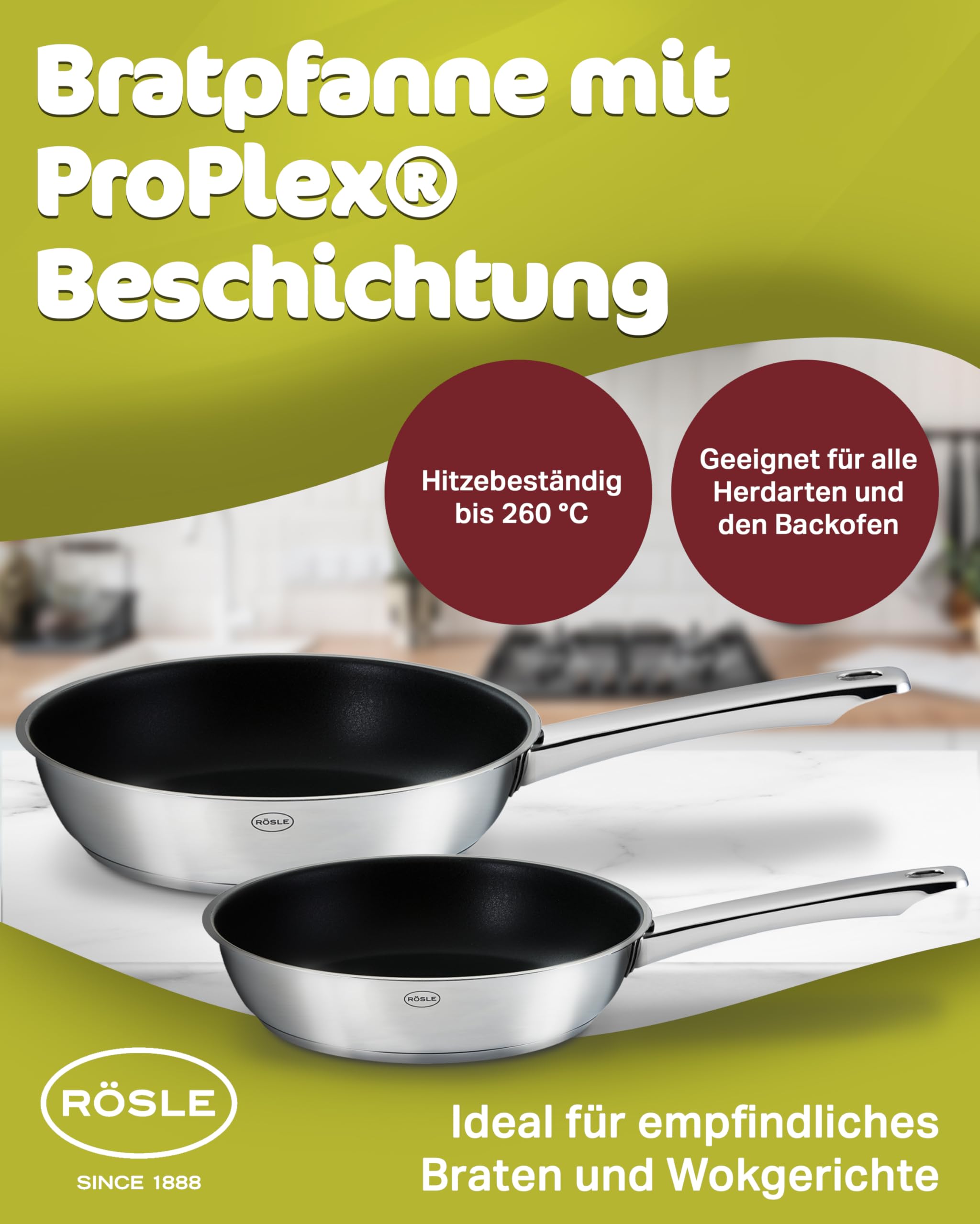 RÖSLE Moments Pfannenset 2 Stück 20 und 28 cm, Bratpfanne aus Edelstahl | Antihaftbeschichtet und kratzfest, für alle Herdarten inkl. Induktion, backofenfest bis 260 °C, spülmaschinenfest, PFAS-frei