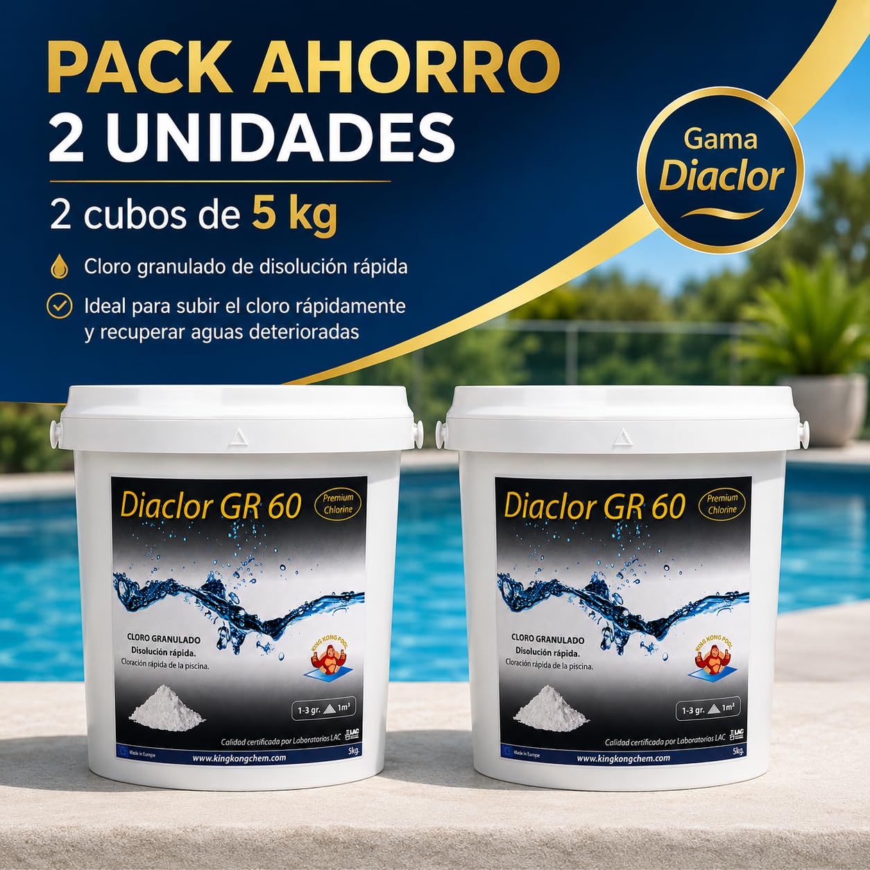 Pack 2 UDS - Cloro rápido para Piscinas DIACLOR GR 60 10 KG (2x5 KG) - Cloro granulado de disolución rápida Blanco