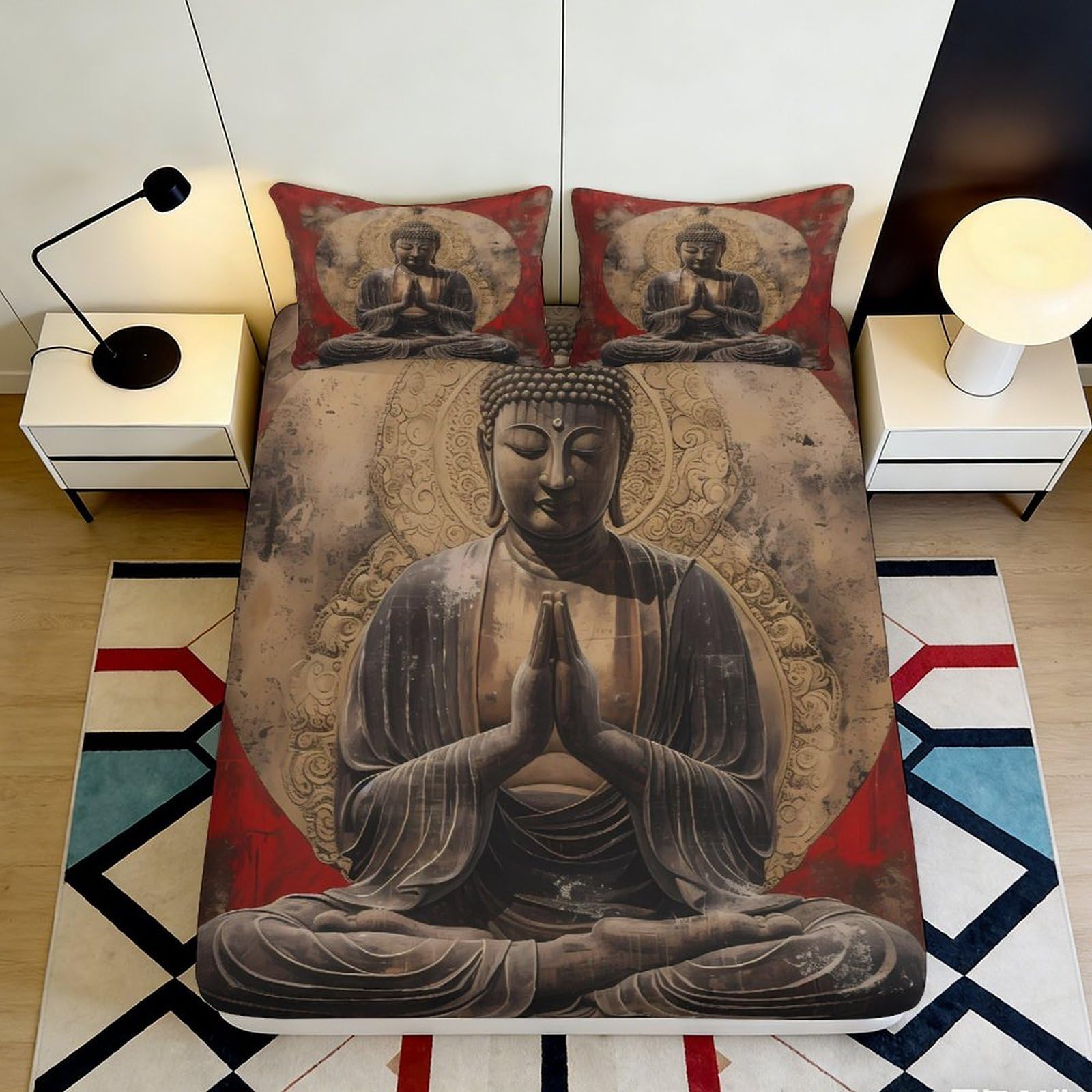 3D Printed Buddha Pattern Fitted Sheet Microfiber Soft Breathable Meditation Bed Cover for Bedroom Dormitory Guest Room Mattress Protection 160x200x25cm