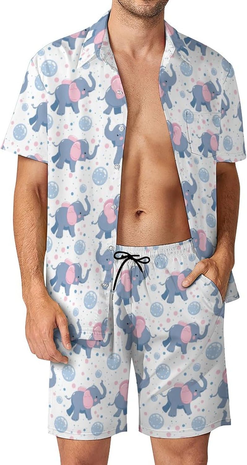 Cute Elephants And Bubble Men's Summer Beach Outfits Shirt And Shorts Set 2 Piece Vacation Swimwear