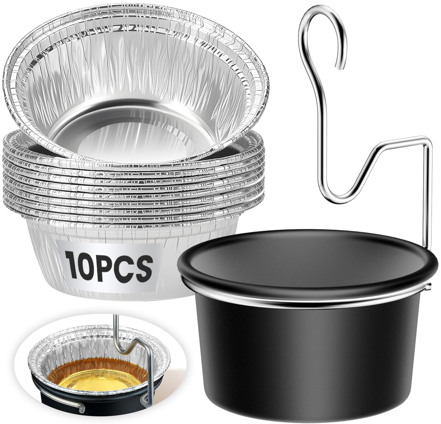 Premium Grill Grease Trap Kit - Includes 10 Liners & Heavy-Duty Clips - Universal Fit for Weber, Char-Broil, Kenmore Grills - Rust-Proof, Easy-Clean Design for Mess-Free BBQ?Black?