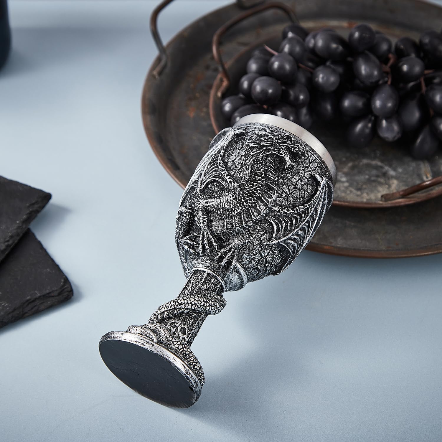 Dark Silver Dragon Goblet, Stainless Steel Inner Liner Dungeons and Dragons Gift Chalice Wine Goblet 7 oz, 6.8 Inches Tall, Hand-Painted Resin (Antique Silver)