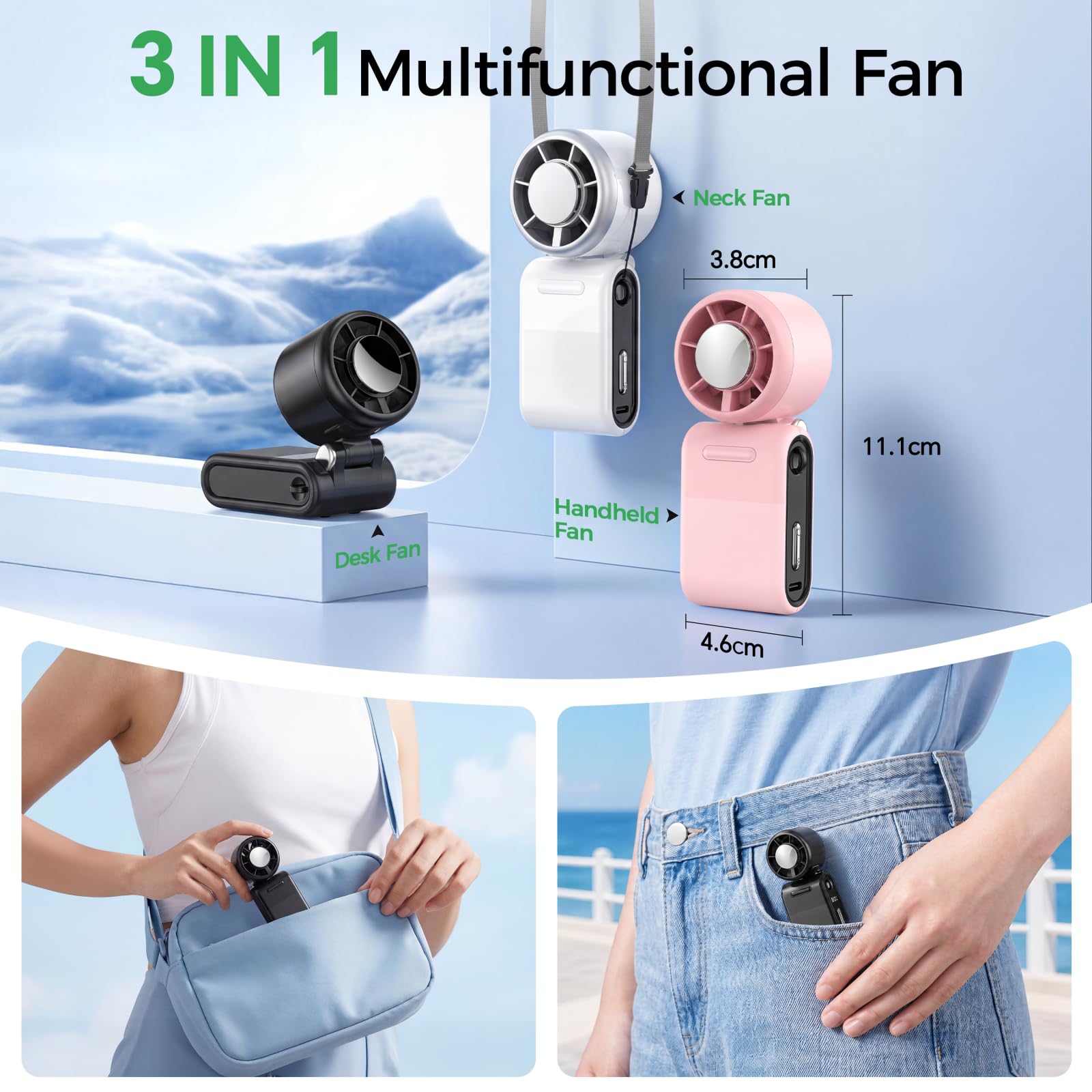 MERTTURM Wentylator Przenośny z Funkcją Chłodzenia Lodem 16℃, 100 Poziomów Prędkości, Silny Podmuch 9,9 m/s, Mini Wentylator USB 3 w 1 (Ręczny, na Szyję, na Stolik) do Podróży, Kempingu, Czarny