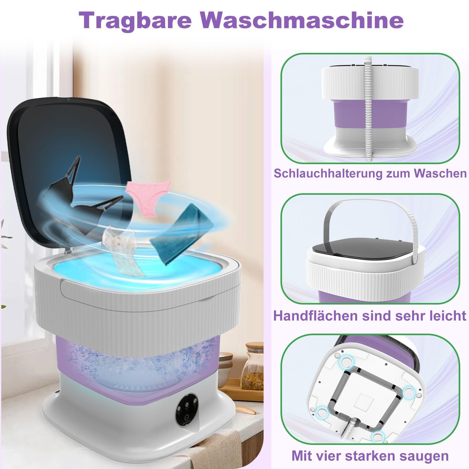 Camping Waschmaschine, 13L 2kg 2 in 1 Mini Waschmaschine mit Schleuder Tiefenreinigung von Babykleidung und Unterwäsche, Portable Wasch-maschine für Schlafsäle, Wohnmobil, Wohnungen, Reisewäsche, Lila