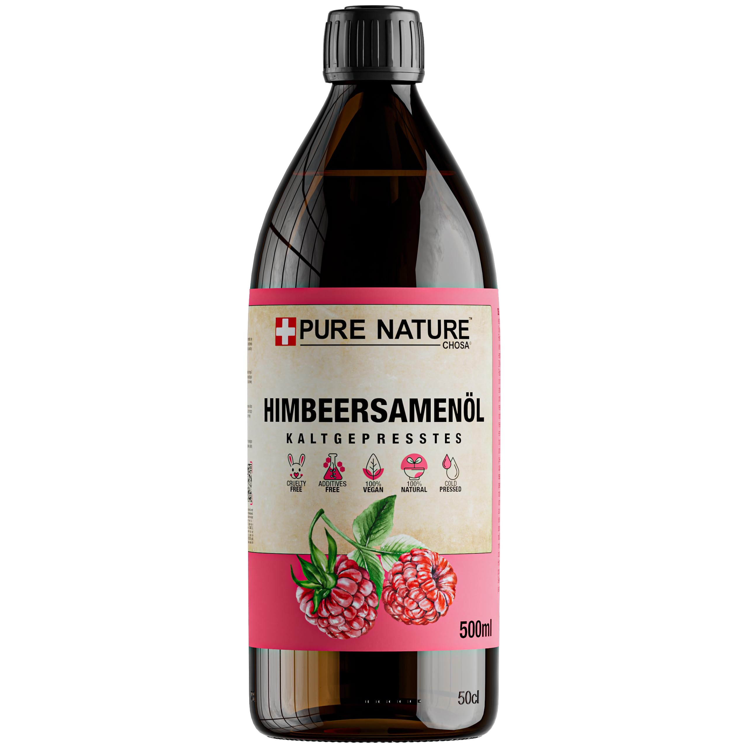CHOSA Himbeersamenöl Kaltgepresst Unraffiniert 100% Reines 500 ml - Pflege Öl für Körper, Nagel und Haare - Himbeerkernöl als Sonnenschutz - Reich an Omega-3 und Antioxidantien, 0,5l Glasflasche