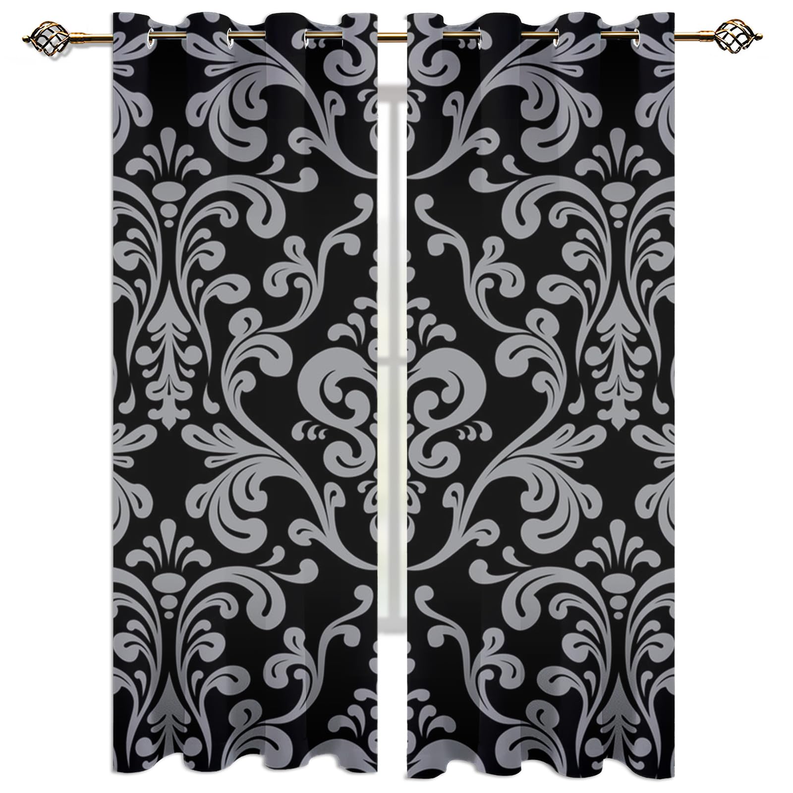 Cortinas Niño Niña Habitacion Opacas Con Ojales 2 Piezas 3D Patrón De Hierba Rizada Retro En Negro Y Gris Patrón 264X214Cm（An X Al）Cortinas Termicas Aislantes Frio Y Calor Salón Dormitorio Ventana