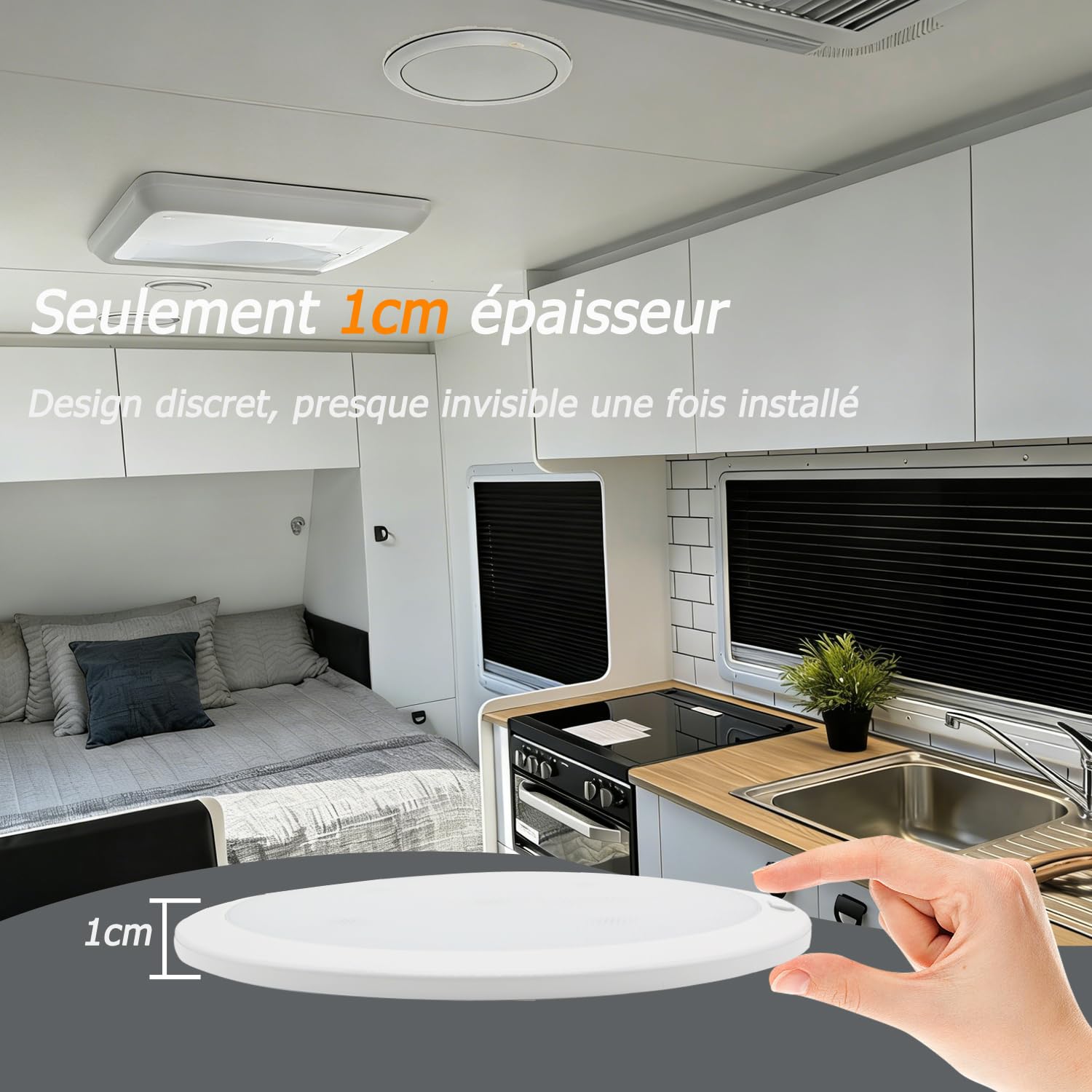 D-lite Plafonnier LED 12v pour Camping Car, 22CM Ronde Ultra Plat, Lumière 6000K Blanc Froid Dimmable avec Veilleuse Bleue, Éclairage Intérieur pour Caravane, Fourgon, Bateau, Blanc Moderne
