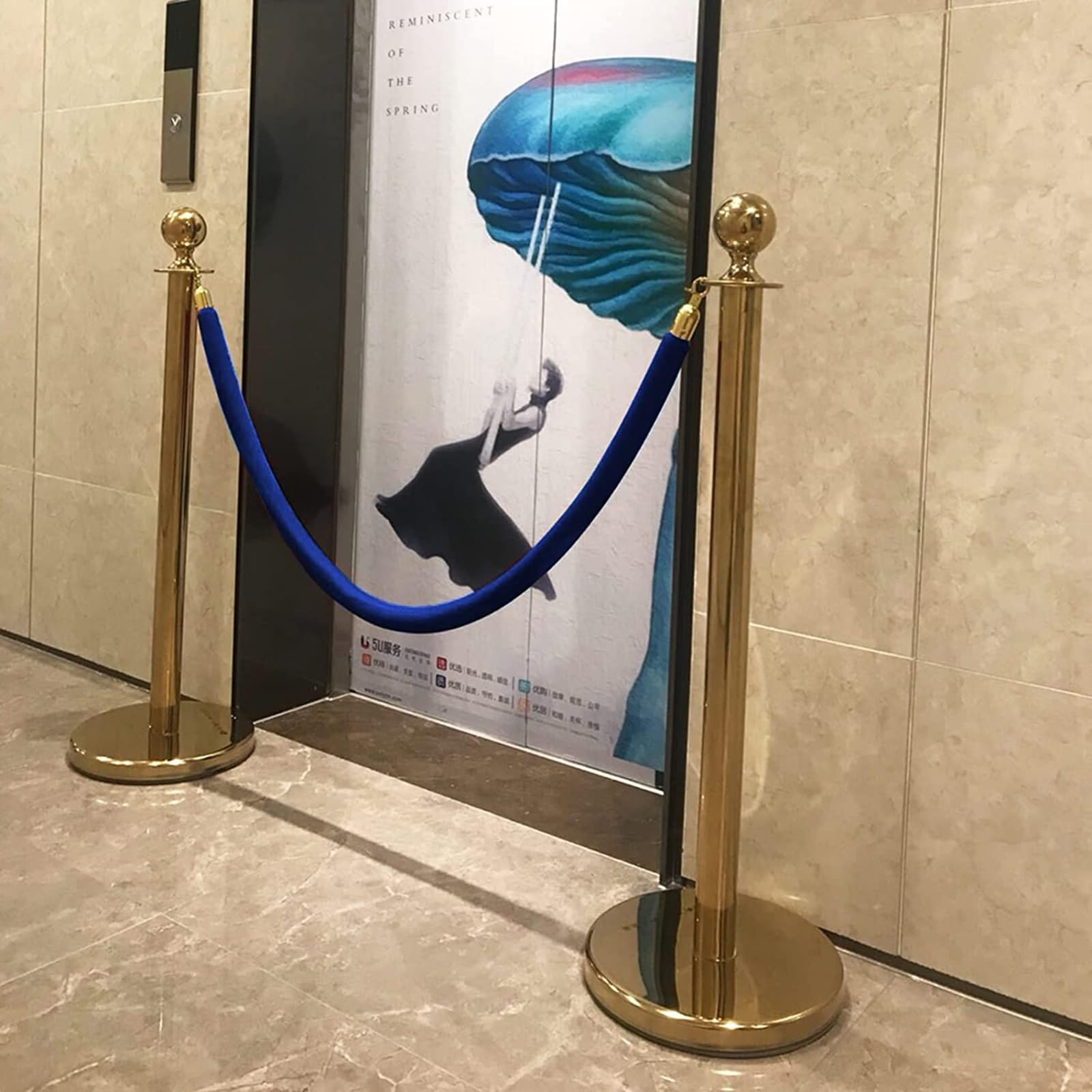 Crowd Control Barriers Velvet Rope, Blue Stanchion Ropes for Hospital Playground Bank Movie Theaters Entryway, Queue Line Dividers with Gold/Silver Snap Ends(Silver Hook,200cm/6.6ft)