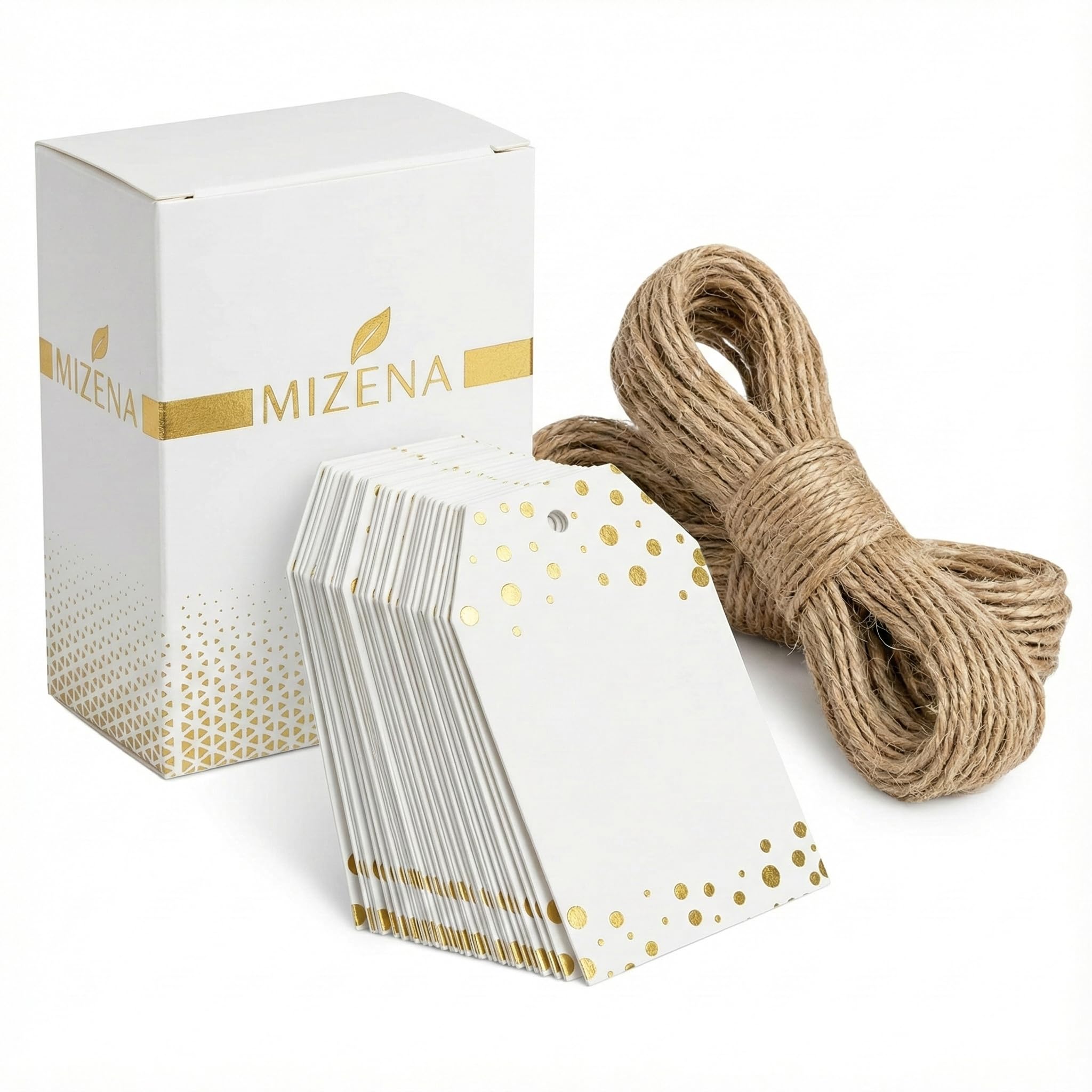 MIZENA Luxury Gold Foil Gift Tags – 100 Pack White 350 GSM Gift Tags with 20m Jute String for Wedding Favors, Baby Shower Gifts, Gift Bags, Small Business Packaging & Party Decorations