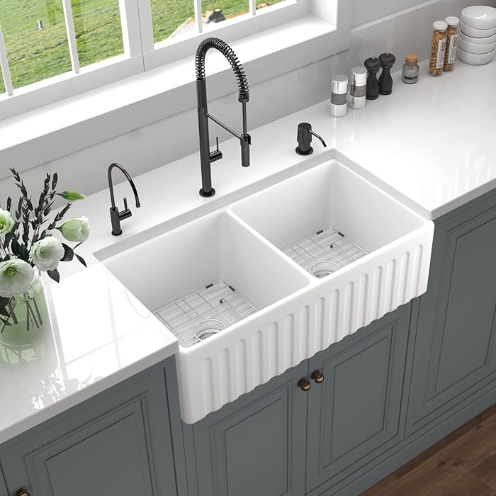 Buy HausinLuck 33 inch Fireclay Farmhouse Sink, Double Bowl 50/50 Apron