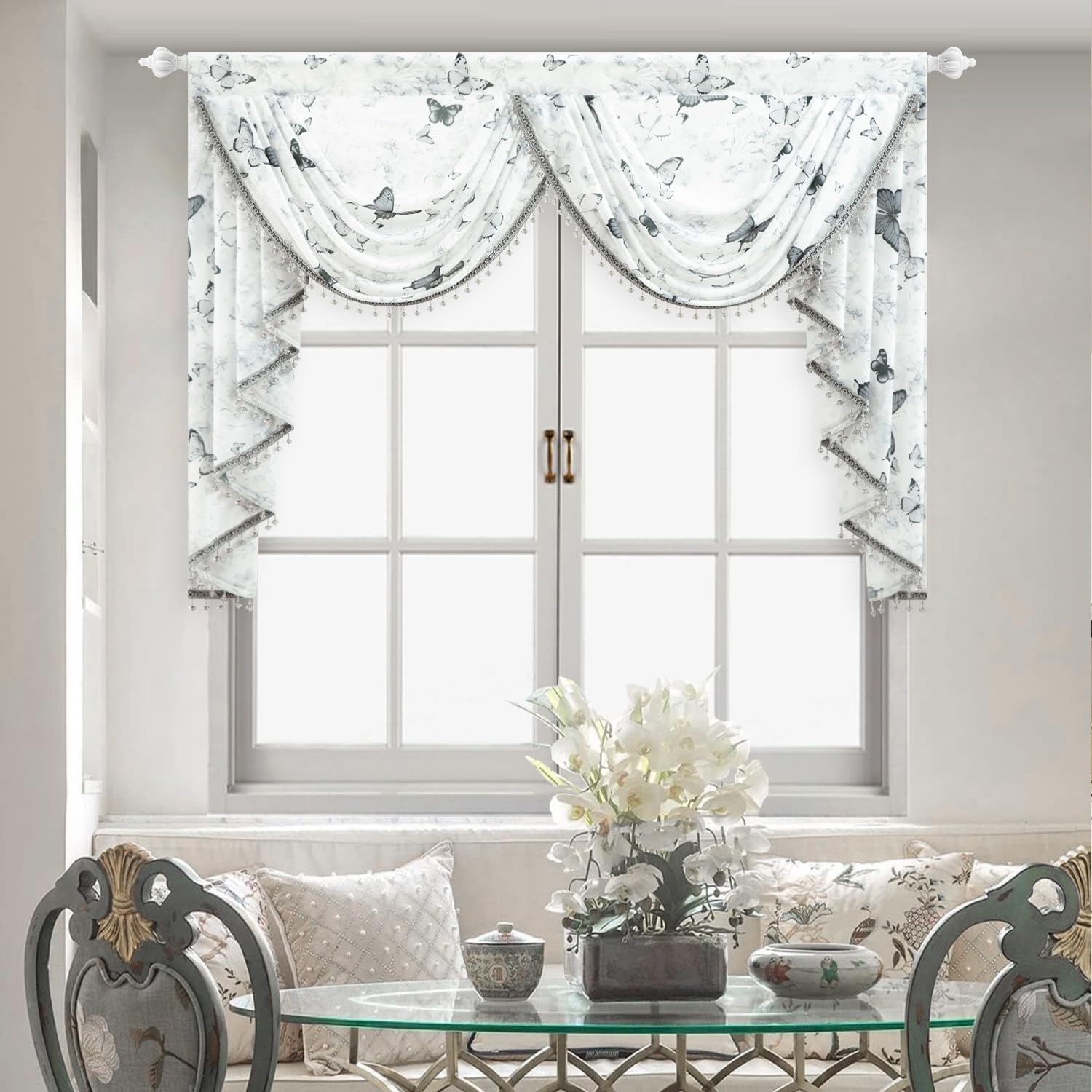 Photo 1 of Leeva 59-Inch Waterfall Sheer Valance Curtains - Matching Grey Tones Bead Tassels and Butterfly Plants Print, Elegant Scarf Valance for Cafe, Nursery, Bedroom