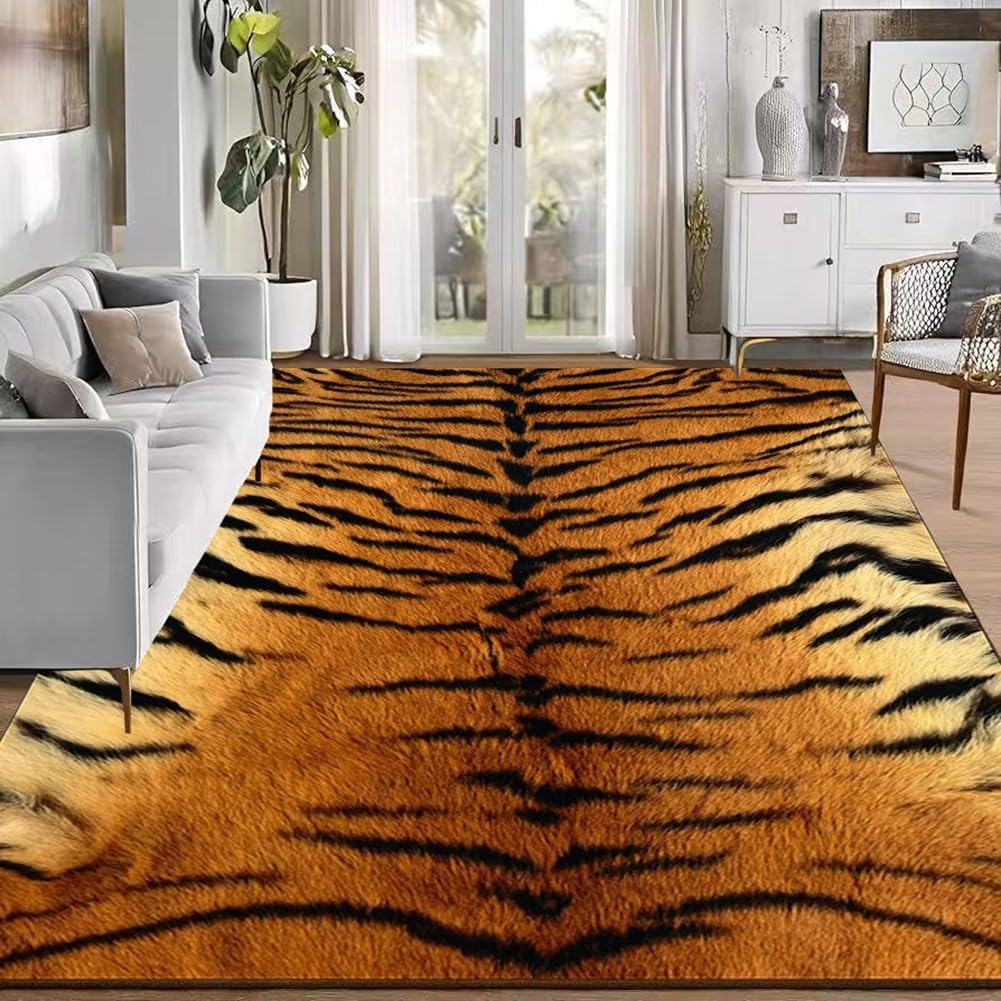 Tapis velours cristal à rayures tigrées marron lavable maison