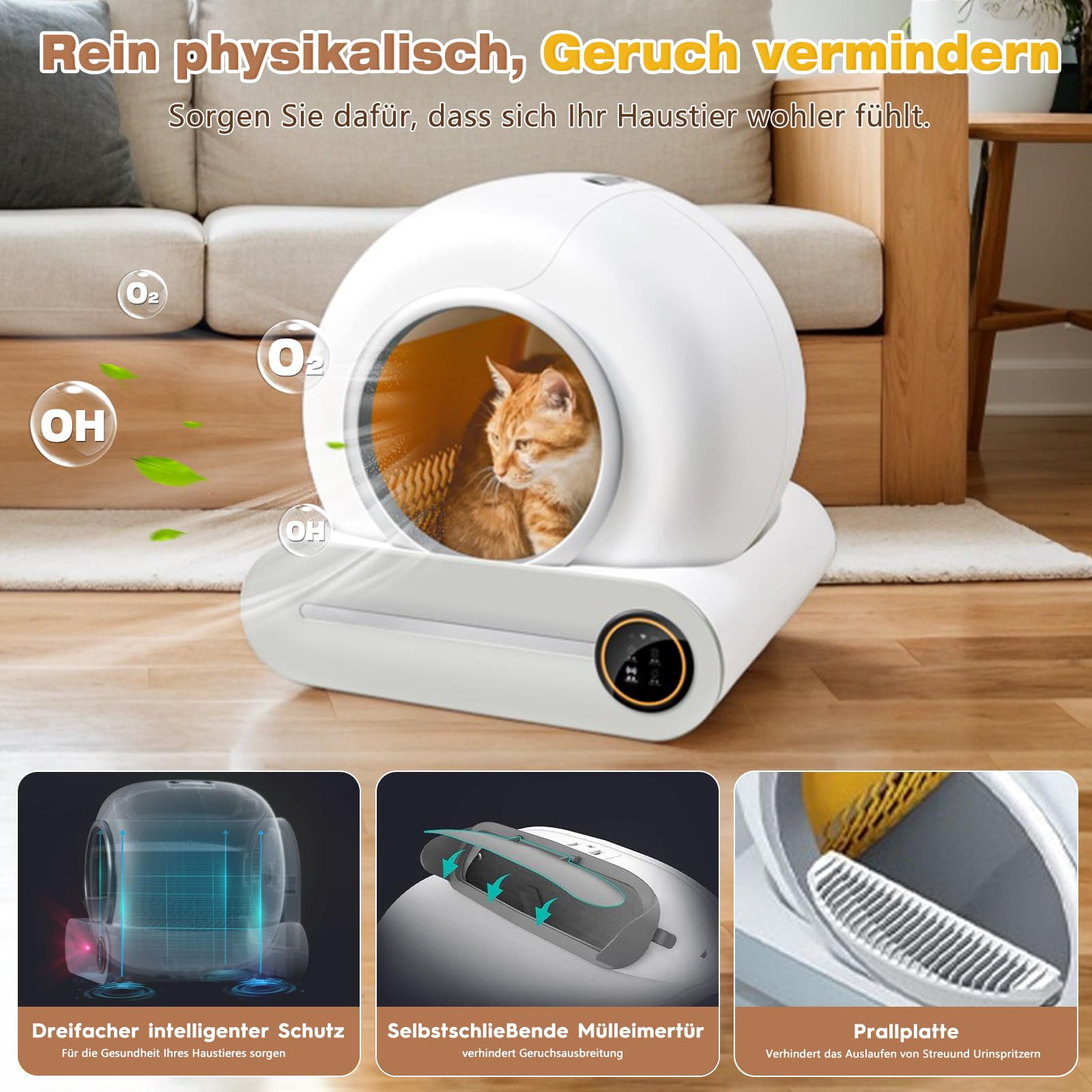 Katzenklo Selbstreinigend 65l Elektrische Automatische Katzentoilette,Automatischer Katzenstreu-Roboter Mit Extra GroßEm FassungsvermöGen/Ebenem Fach 9l/App Control/Ionic Deodorizer FüR Mehrere Katzen