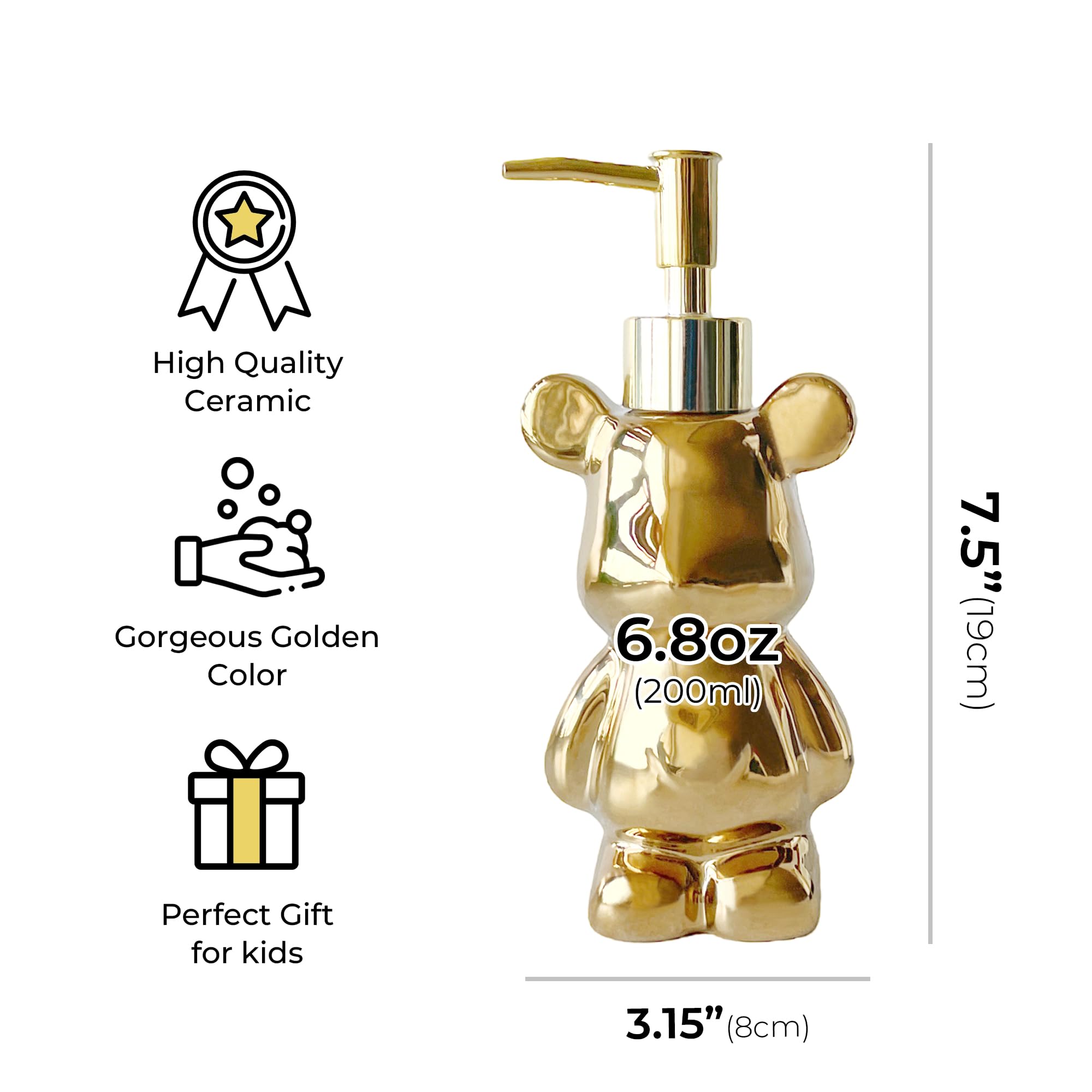 Small Bear Ceramic Soap Dispenser with Gold Pump for Bathroom, Cute Liquid Soap Dispenser, Kids Gift, 6.8oz (Gold) Product Image 2