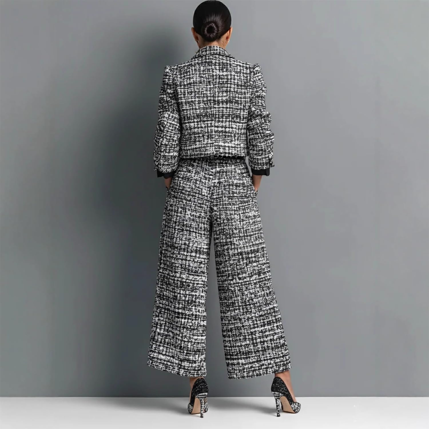 Damenanzug-Set, zweiteiliges Outfit aus Tweed, kurzer Blazer mit weitem Bein, Hose für Business, Freizeit, Party.