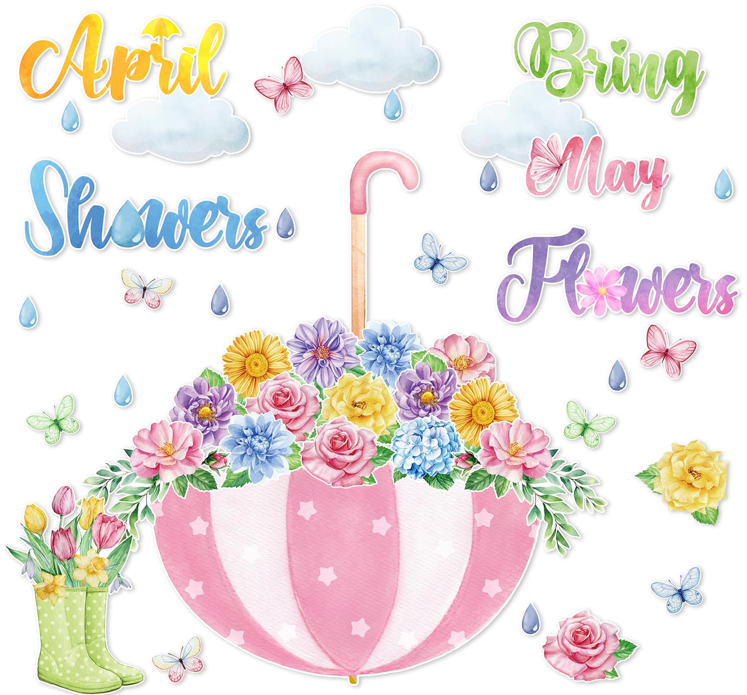 POSLIUE 66Pcs Multicolor Floral Spring Bulletin Board Decorations, 'April Showers Bring May Flowers' Theme, Cardboard Cutouts for Classroom, Party Supplies