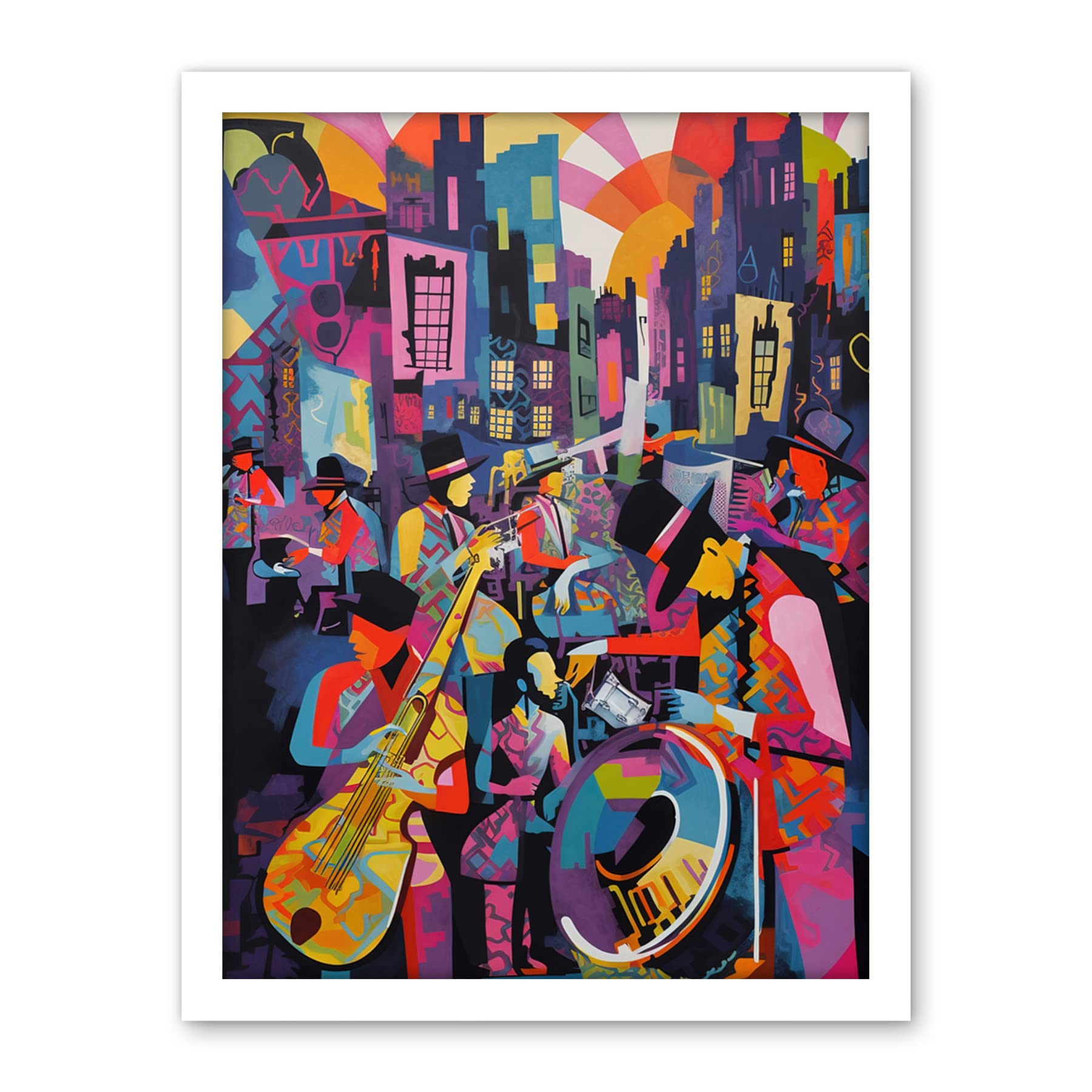 Artery8 New Orleans Jazz Festival Street Musicians Playing Music City at Sunset Abstract Modern Painting Artwork Framed Wall Art Print 18X24 Inch