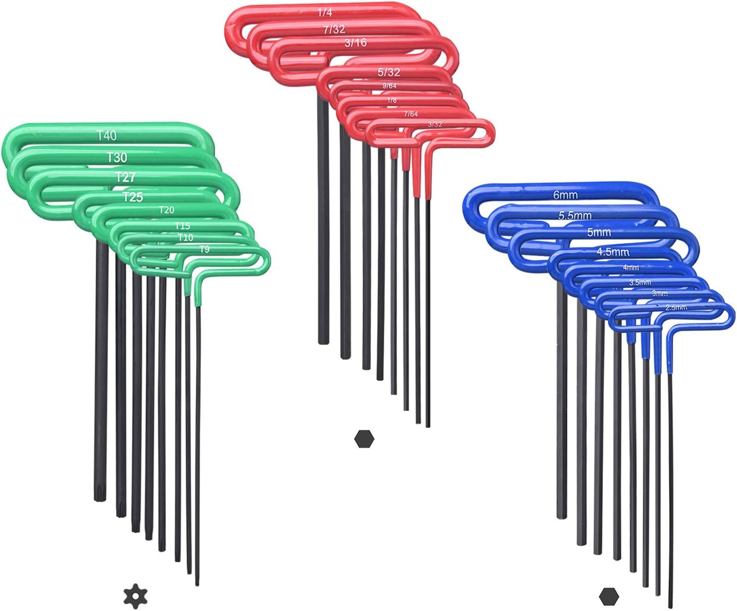 GogoBing Cushion Grip Hex t handle torque T-Key allen wrench sets long screwdriver tool - 8 SAE Standard 3/32-1/4 Inch & 8 Metric 2.5-6 MM Sizes & 8 Torx T9-T40, Red&Blue&Green