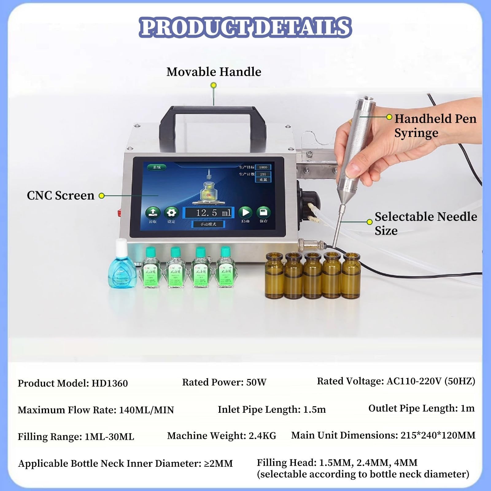 Automatische Flaschenfüllmaschine, Peristaltikpumpe Flüssigkeitsspender mit LCD-Steuerung, Handschalter, Präzisionsnadel-Düse für ätherische Öle und Parfümproben