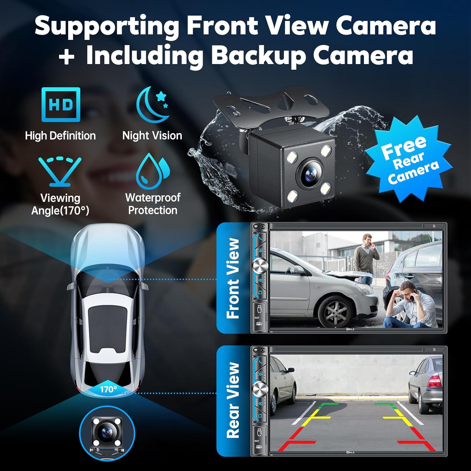 PLZ 7" Wireless Apple CarPlay & Android Auto Double Din Car Radio | Bluetooth 5.3 Touch Screen Receiver | Hands-Free Calling | Backup Camera & Steering Wheel Control