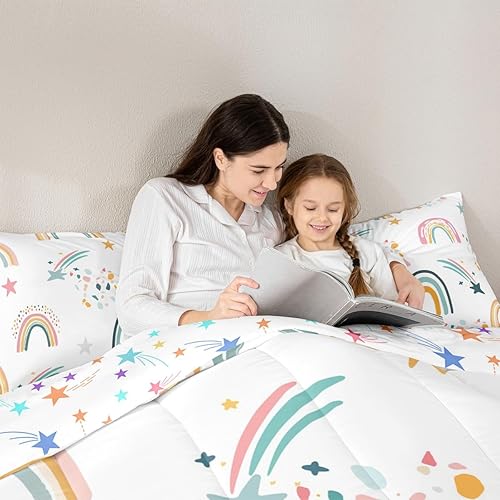Miniatura 5 de Juego de ropa de cama tamaño individual arcoíris para niñas, juego de edredón de decoración Kawaii estilo dibujado a mano para niños y mujeres,