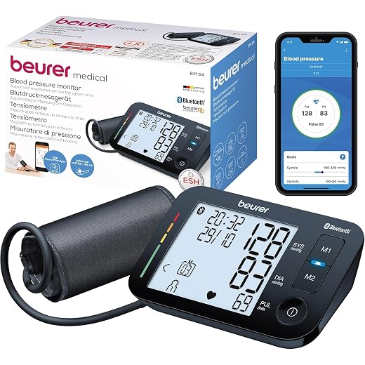 Beurer BM 54 Arm Blood Pressure Monitor, Digital Blood Pressure Monitor with XL Display, Connection to App with Certified Data Protection, Detection of Arrhythmias, Large Arm Cuff 22-44 cm