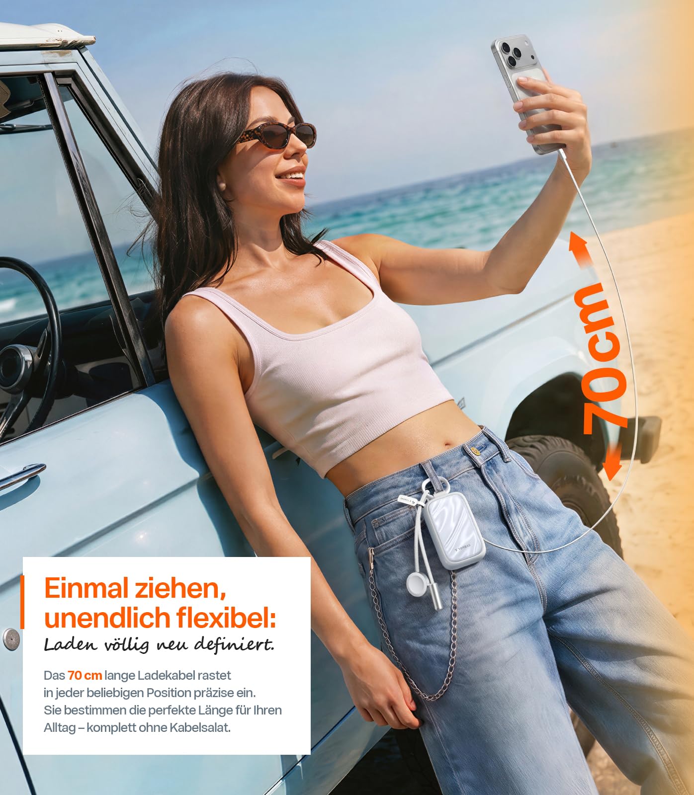 TORRAS PearlGo Powerbank 10000mAh, Kleine Powerbank mit Kabel, Perlweiß | 45W Schnellladen, 70 cm USB-C Einziehkabel mit Karabiner, für iPhone und Apple Watch, ideal für Reisen, Pendeln und Shopping
