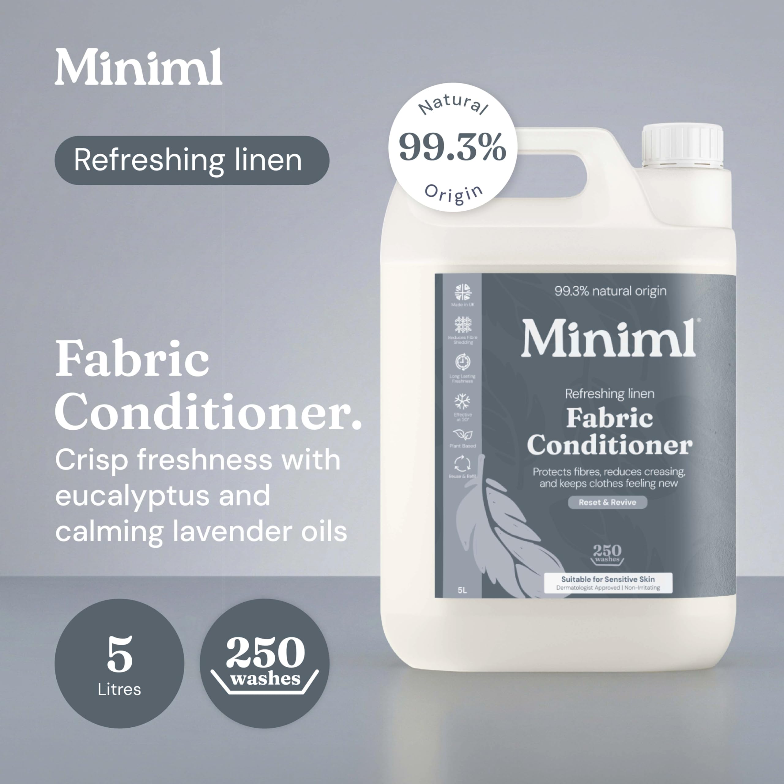 Miniml Adoucissant et revitalisant Eco, recharge de 5 litres - Adoucissant naturel au lin frais pour peaux sensibles - 100% végétalien et sans cruauté envers les animaux (250 lavages)