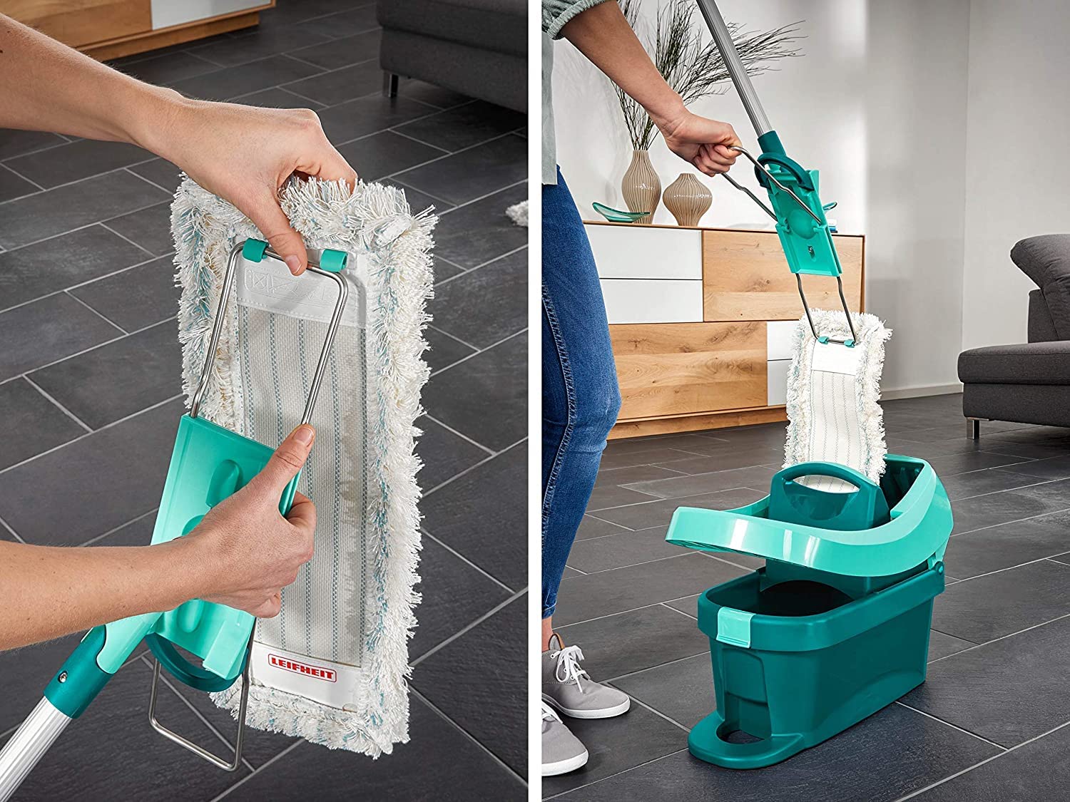 Leifheit rückenschonender Bodenwischer Profi XL Micro Duo inkl. Ersatzbezug Micro Duo aus Mikrofaser, Wischer für Fliesen und Steinböden mit großer Wischbreite, 360° Drehgelenk und Click-System