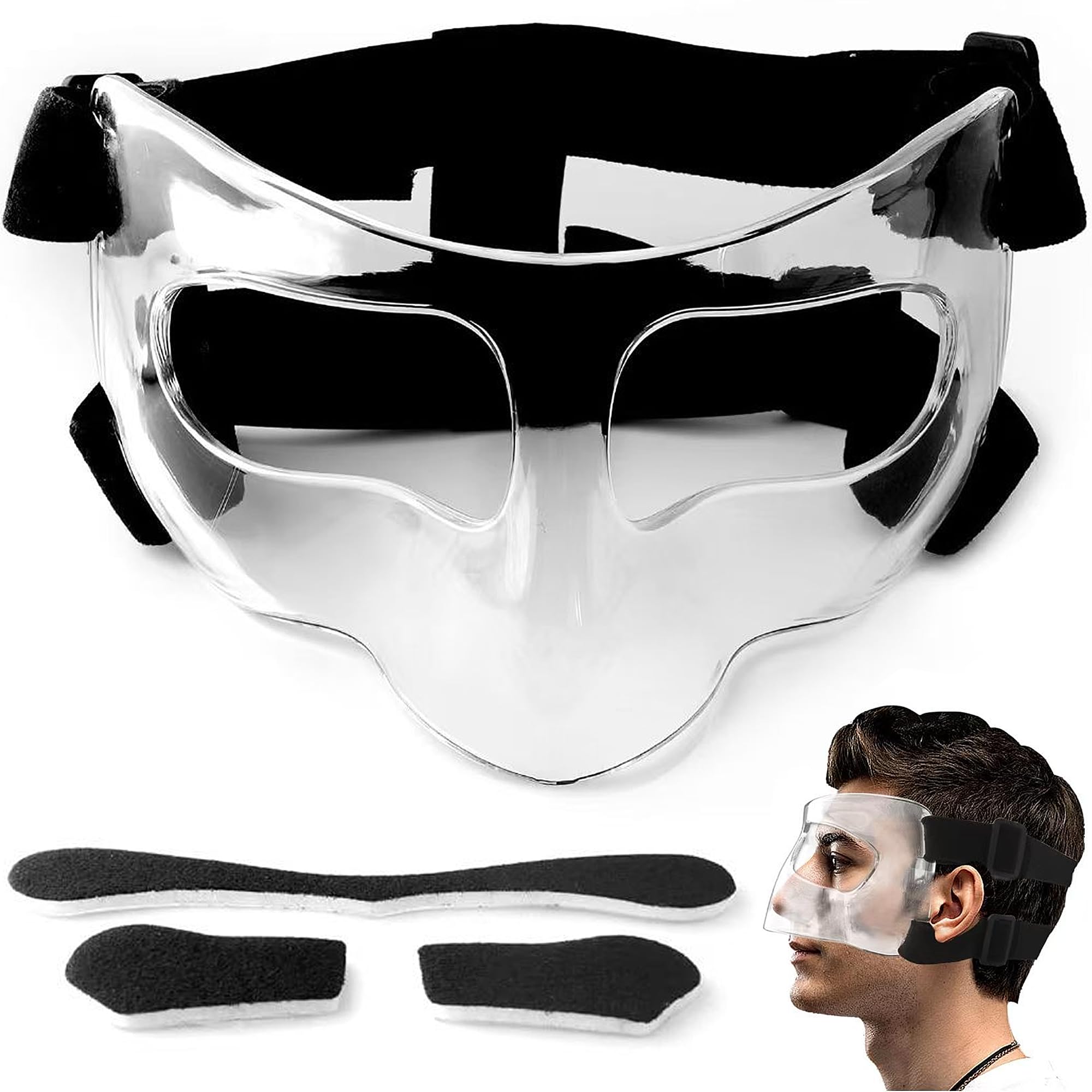 Equipo de Protección Facial de Protección Deportiva, Escudo de la cara Ajustable, Protector de la Nariz de la Máscara de Entrenamiento Deportivo de la Acolchado para Adultos(Transparente)