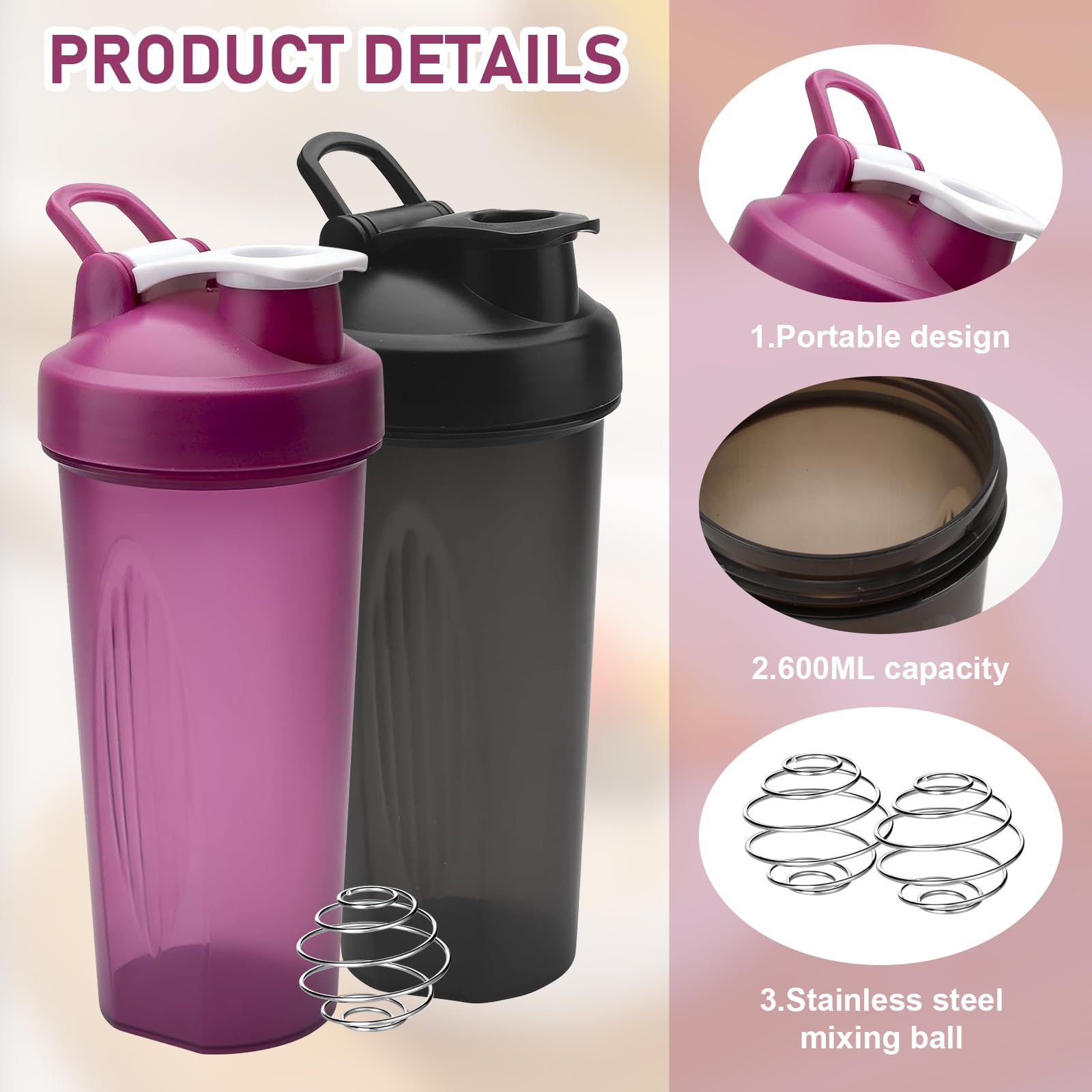 Set 2 Shaker Per Proteine 600 Ml Con Sfera Miscelatrice In Acciaio – Bottiglie Palestra Senza BPA, Viola E Nero. Ideali Per Frullati, Integratori E Succhi.