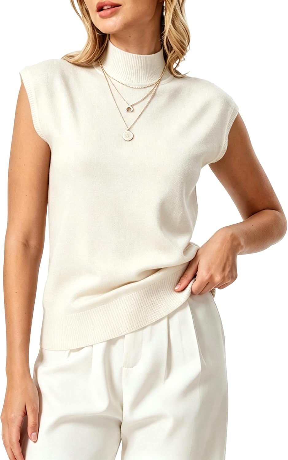 INKOFF Sleeveless Mock Turtleneck Knit Tops Cape Sleeve Business Casual Sweater Vest High Neck Tank